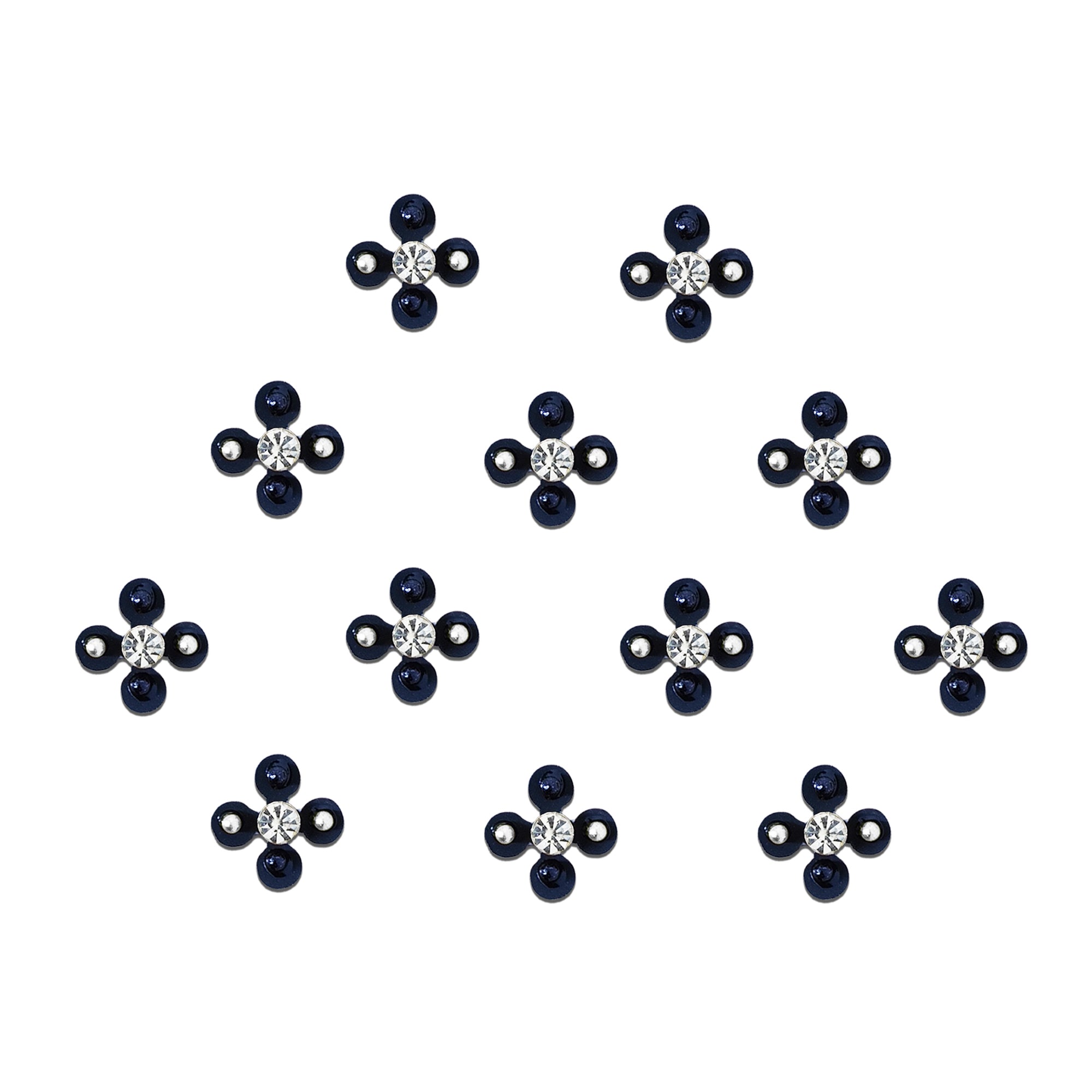 Comet Busters floral designer bindi featuring a sparkling crystal center surrounded by navy blue petal accents in a four-petal flower pattern.