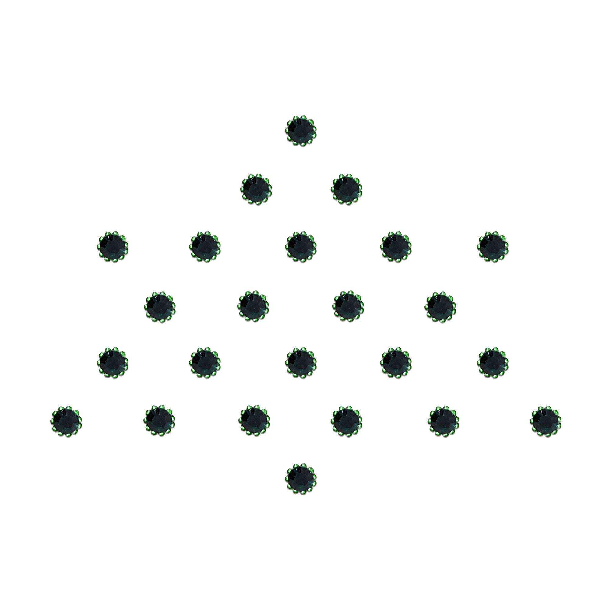 Comet Busters Black Floral Crystal Stone Bindi featuring sparkling round black crystal stones with an elegant flower-shaped setting and emerald green metallic border. Self-adhesive, lightweight, and comfortable for women and girls. Perfect for weddings, festivals, Navratri, Diwali, parties, bridal makeup, dance performances, and traditional ethnic wear.