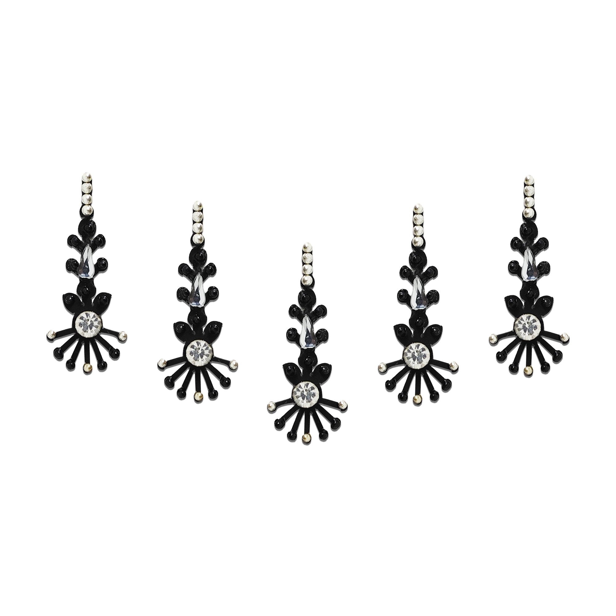 Comet Busters black floral designer bindi featuring a crystal teardrop, sparkling round rhinestone, and elegant sunburst-inspired detailing. Premium self-adhesive bindi set for women and girls, perfect for weddings, festivals, parties, cultural events, and traditional ethnic wear.