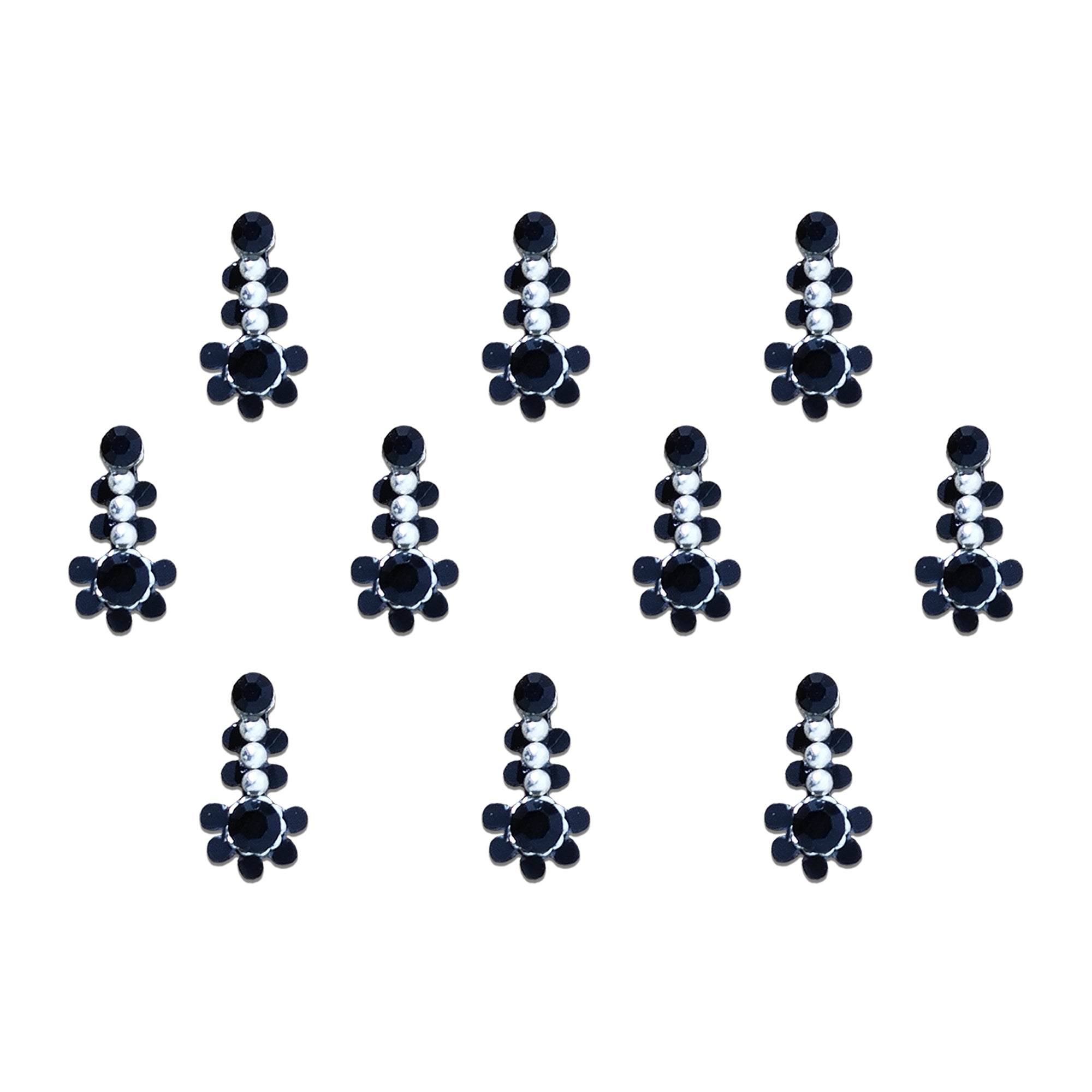 Comet Busters black floral designer bindi sheet featuring 9 elegant bindis with a glossy black stone center, silver bead detailing, and petal-inspired design. Reusable self-adhesive bindis for women and girls, perfect for festive wear, traditional outfits, weddings, parties, and everyday ethnic styling.