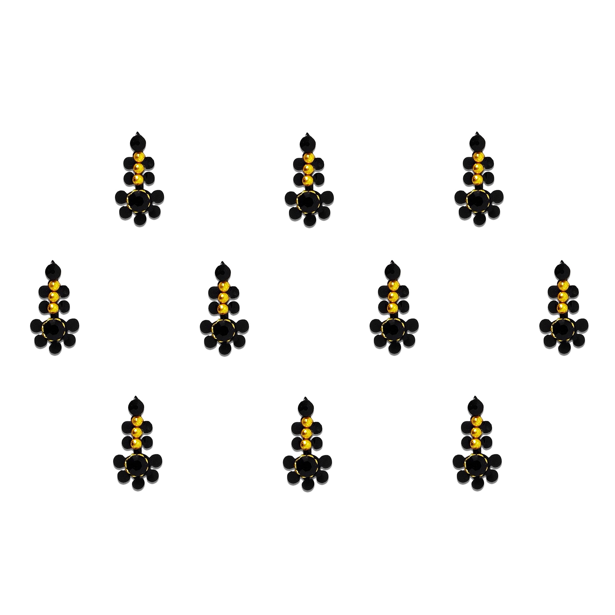 Comet Busters black floral designer bindi sheet featuring elegant bindis with black crystal center stones, gold bead accents, and floral detailing, reusable forehead bindis for women and girls, perfect for festive occasions, weddings, parties, and traditional ethnic wear.