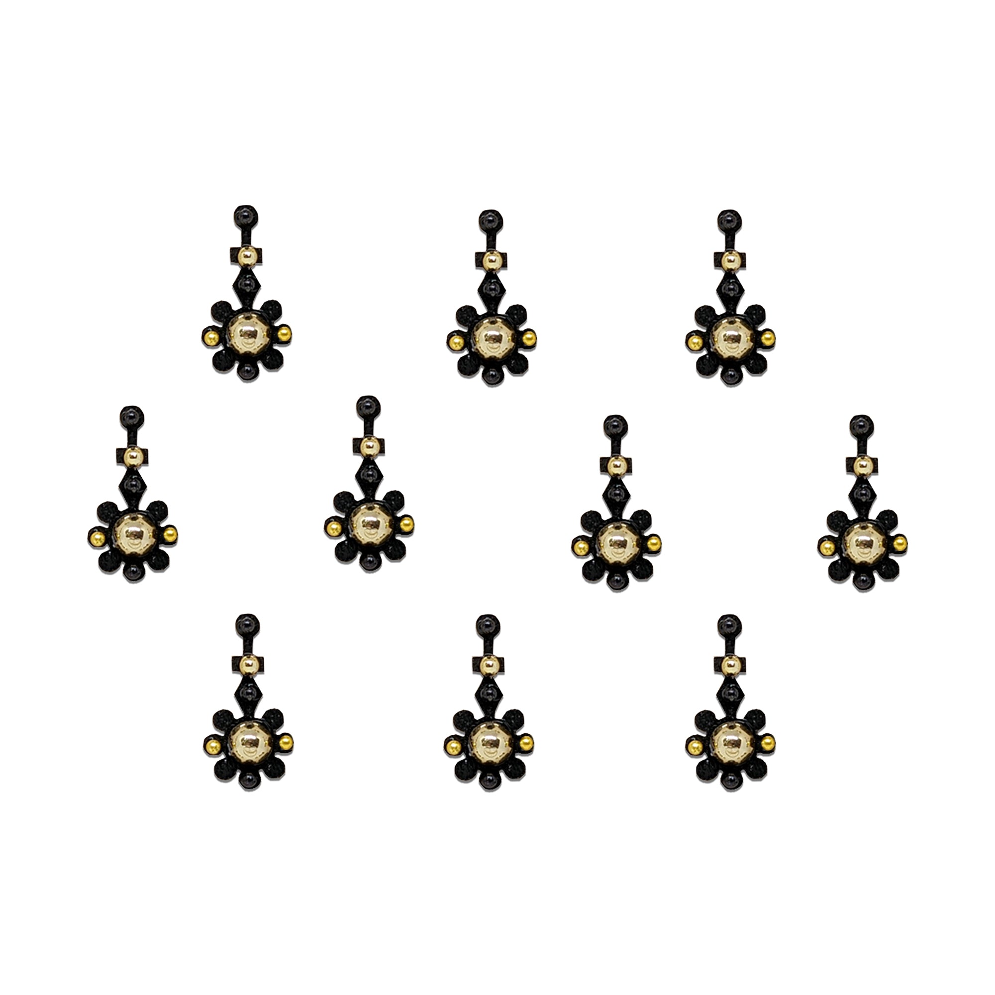 Comet Busters black floral bindis with gold center stone and elegant flower design.