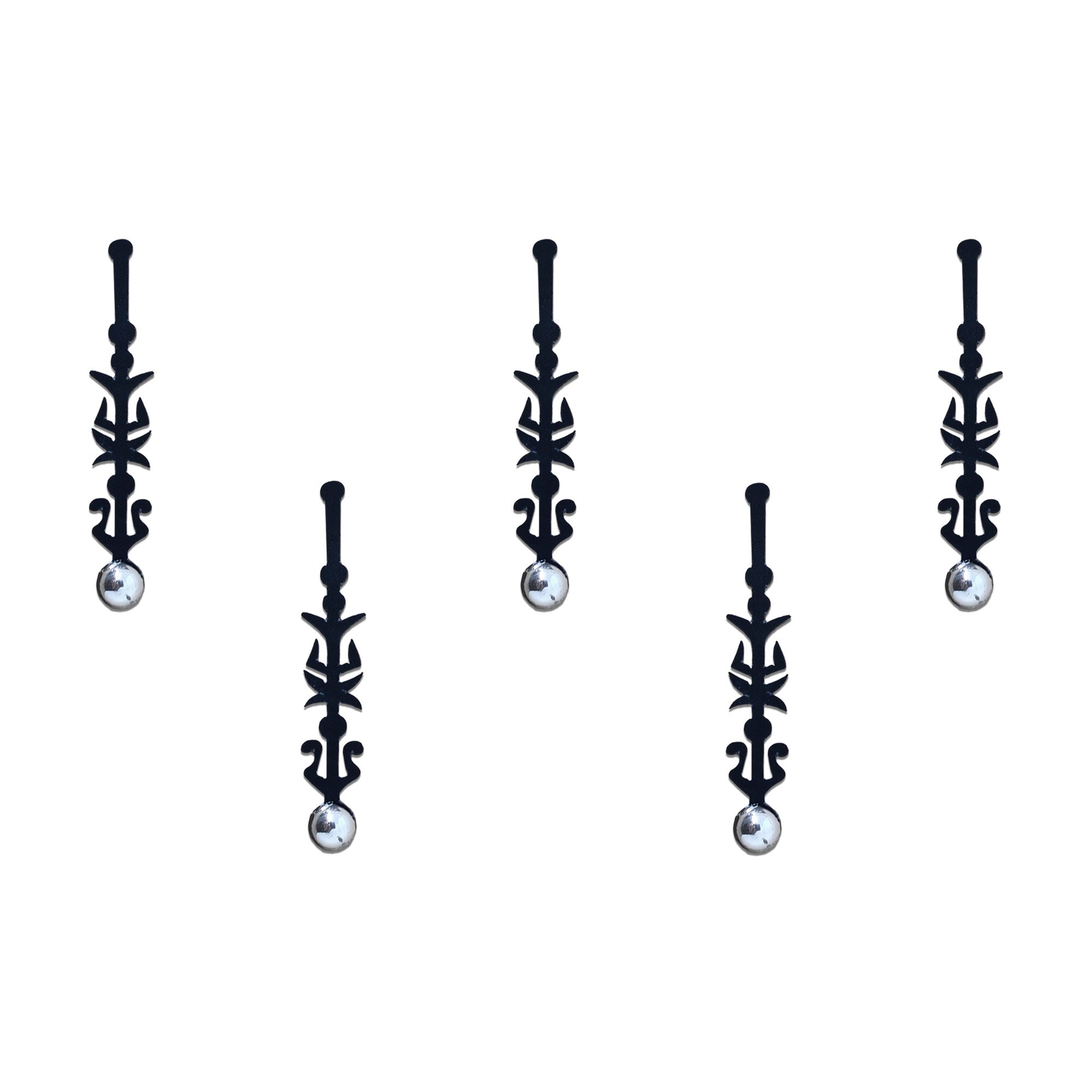 Comet Busters black long floral designer bindi sheet featuring 5 elegant elongated bindis with floral accents and silver pearl detailing, reusable forehead bindis for women and girls, perfect for traditional wear, festive occasions, weddings, and ethnic styling.