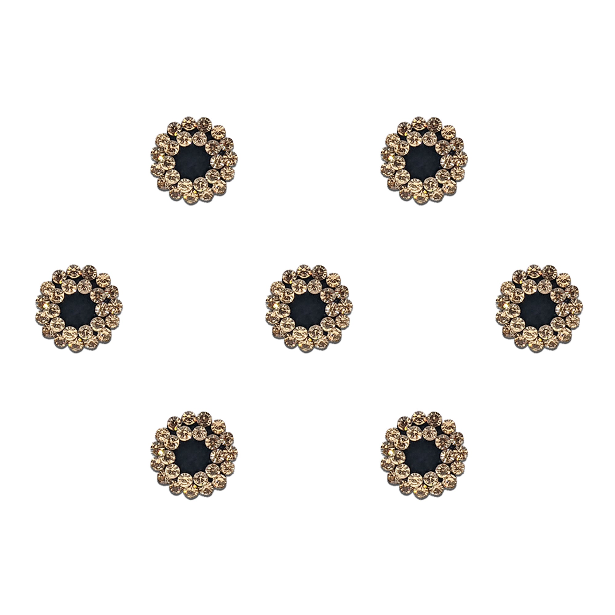 Comet Busters black round bindis featuring sparkling crystal stone floral borders in an elegant traditional designer style for festive and ethnic wear.