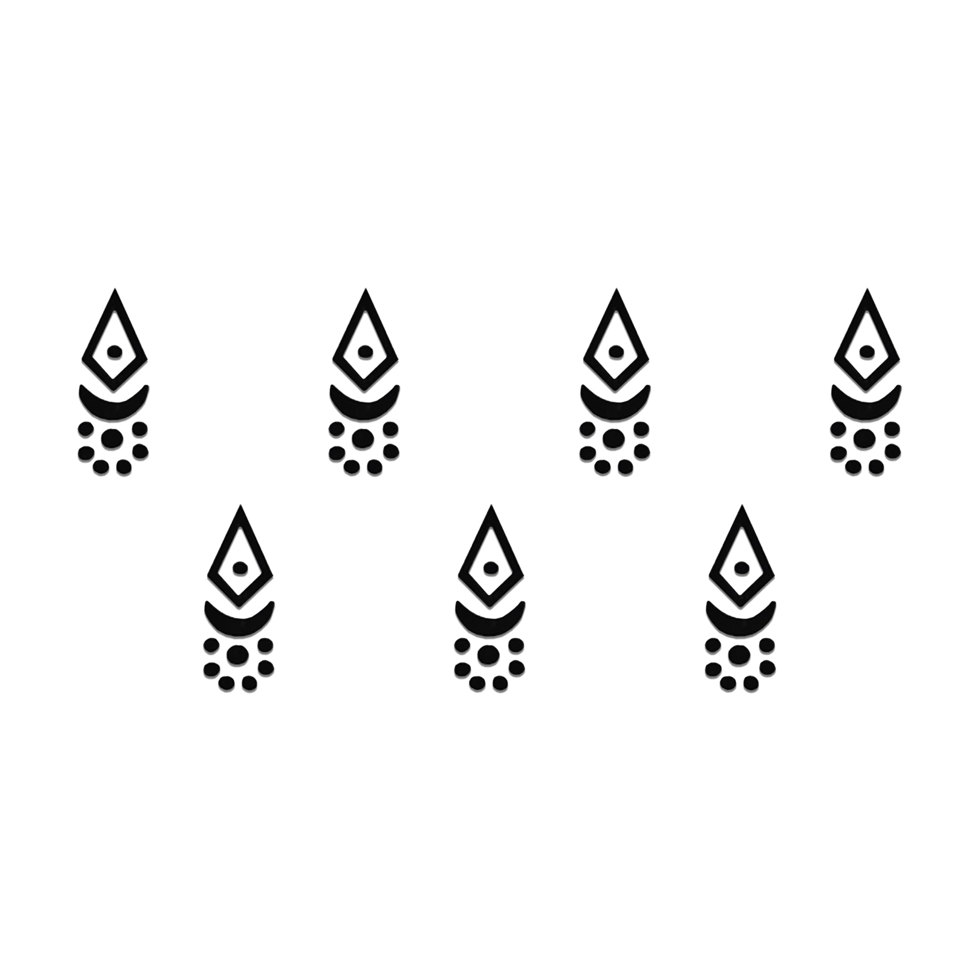 Comet Busters black geometric crescent designer bindi sheet featuring 7 modern bindis with a diamond-shaped top, crescent accent, and dotted pattern. Reusable self-adhesive designer bindis for women and girls, perfect for festive wear, ethnic outfits, weddings, cultural occasions, parties, and everyday traditional styling.