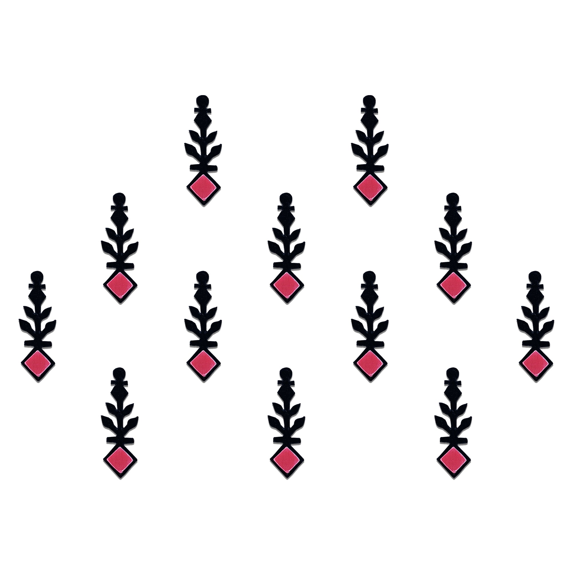 Comet Busters Black Tribal Designer Stick-On Bindi featuring a sleek geometric black design with a pink diamond-shaped center, reusable self-adhesive ethnic bindi for women and girls