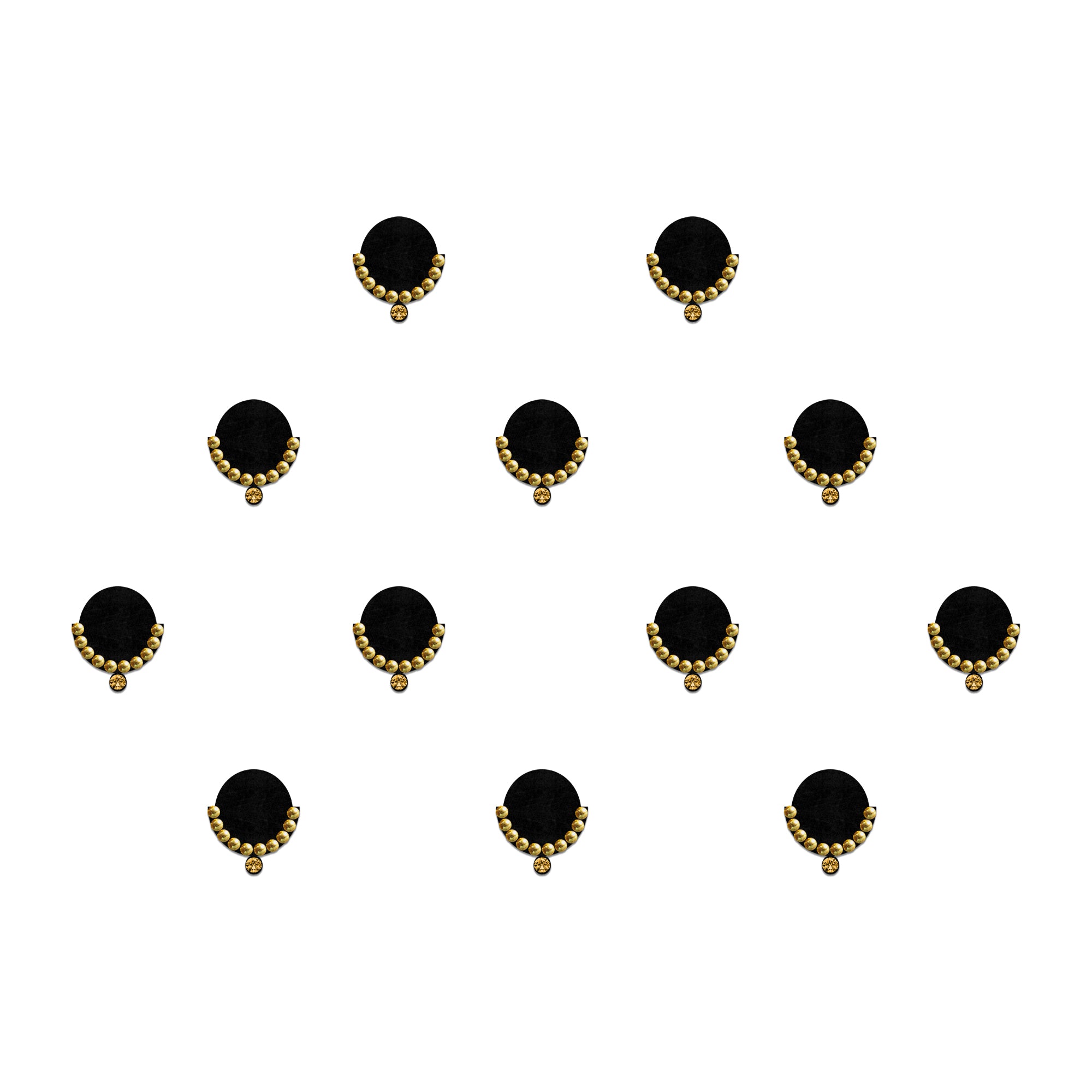 Black round fabric bindis featuring curved golden bead detailing with a small hanging gold accent, designed for traditional ethnic and festive wear.