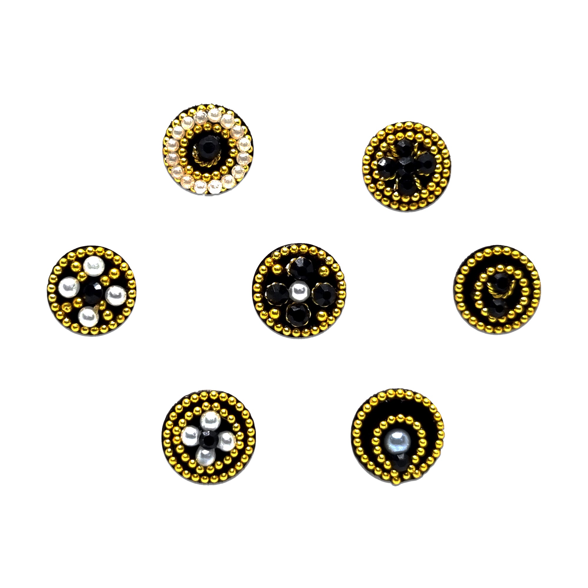 Comet Busters black and gold round designer bindis with crystal stone embellishments, traditional forehead stickers for women, featuring floral and circular motifs ideal for weddings, festivals, Navratri, puja ceremonies, cultural events, and ethnic Indian wear.