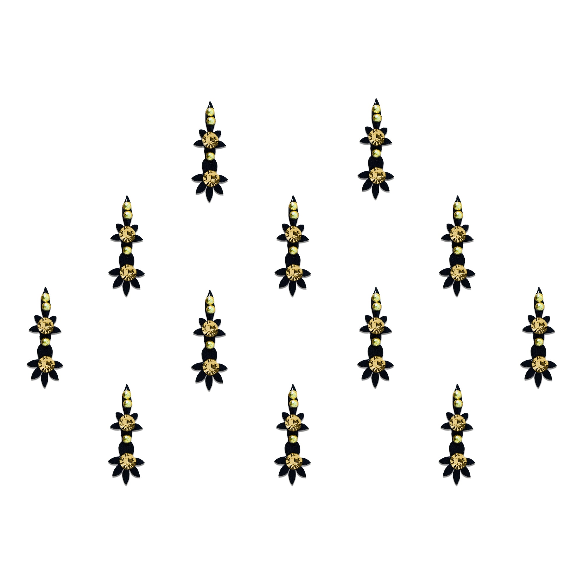 Comet Busters Elegant black designer bindis featuring dual floral motifs with golden crystal stones and delicate rhinestone detailing in a vertical traditional design, ideal for festive and ethnic wear.