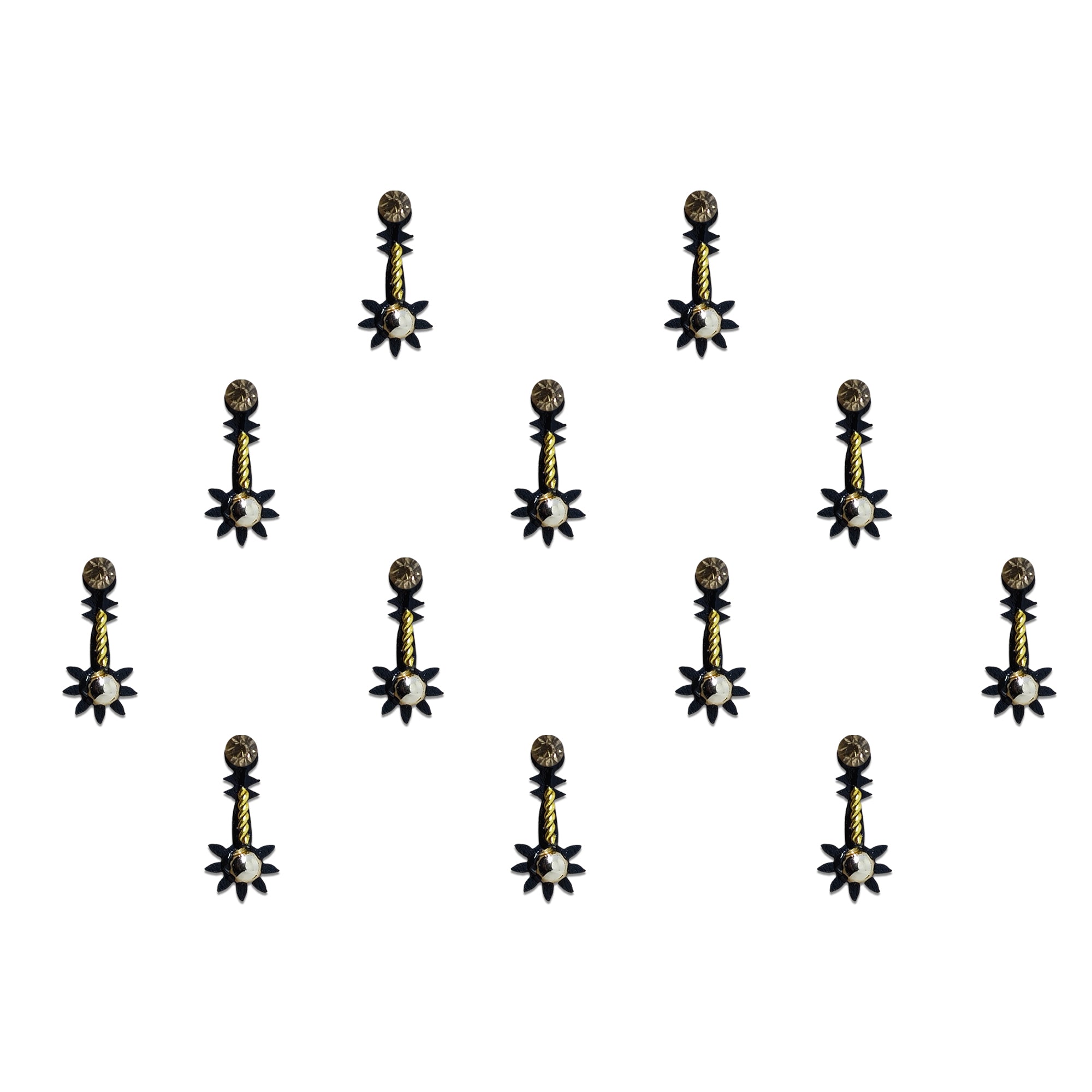 Comet Busters Elegant black designer bindis featuring a gold twisted stem design with a crystal-studded floral motif and sparkling top stone, ideal for festive, traditional, and ethnic wea