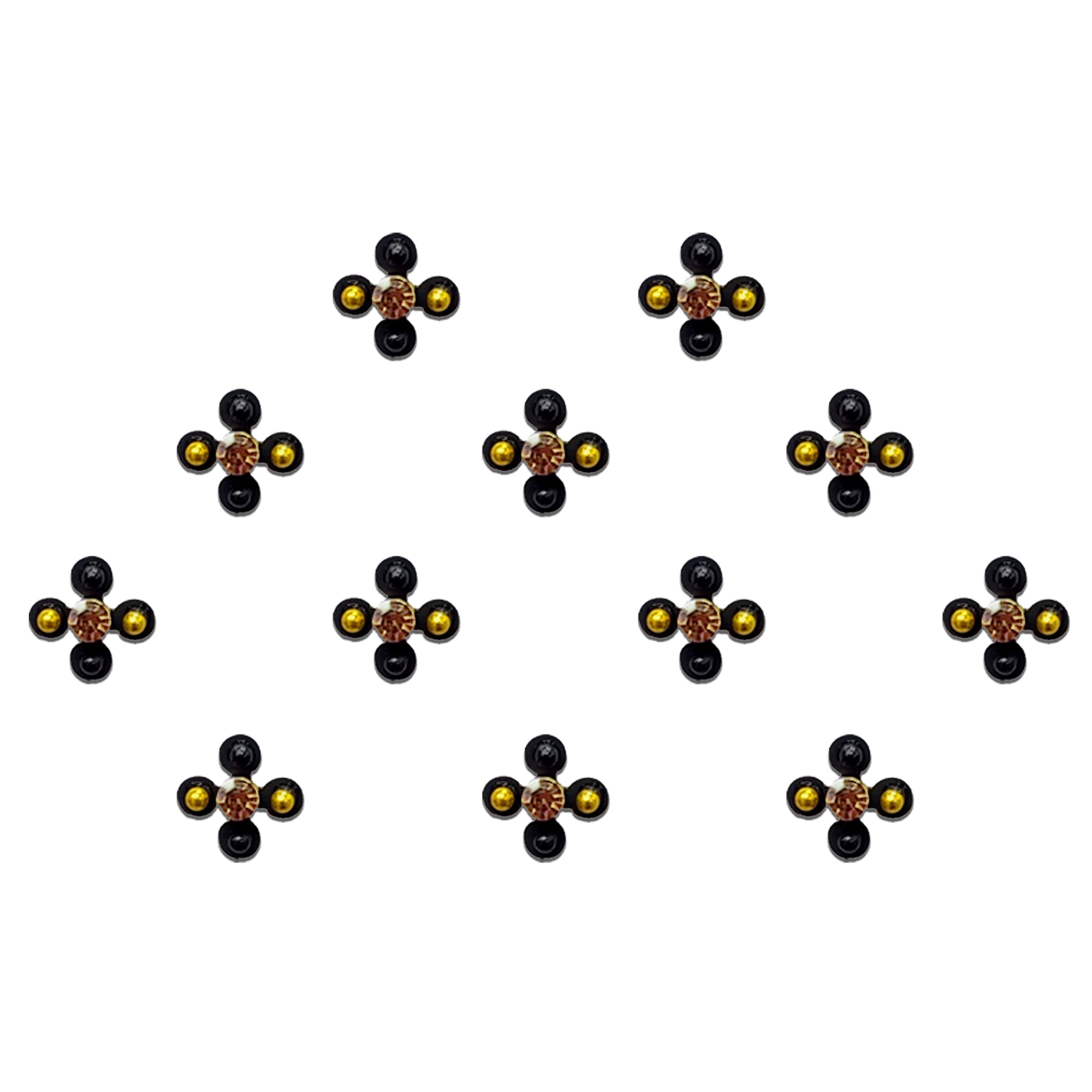 Comet Busters petal designer bindi featuring a sparkling amber crystal center with black and gold bead accents arranged in a floral pattern.