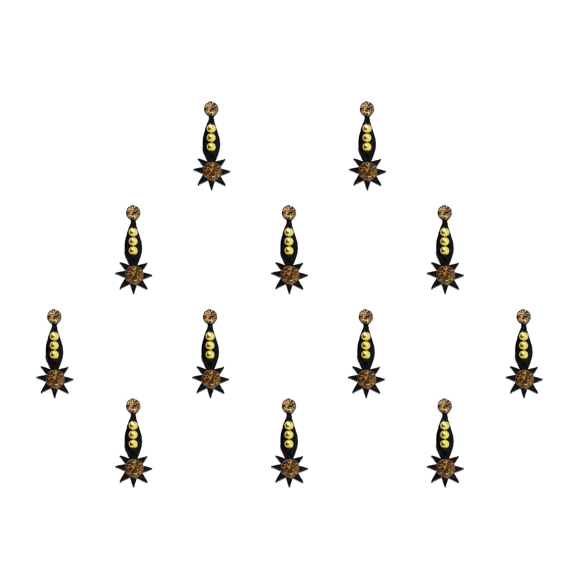 Comet Busters Black designer bindis featuring golden bead detailing and a starburst-shaped stone centerpiece with antique gold crystals, suitable for festive and ethnic wear.