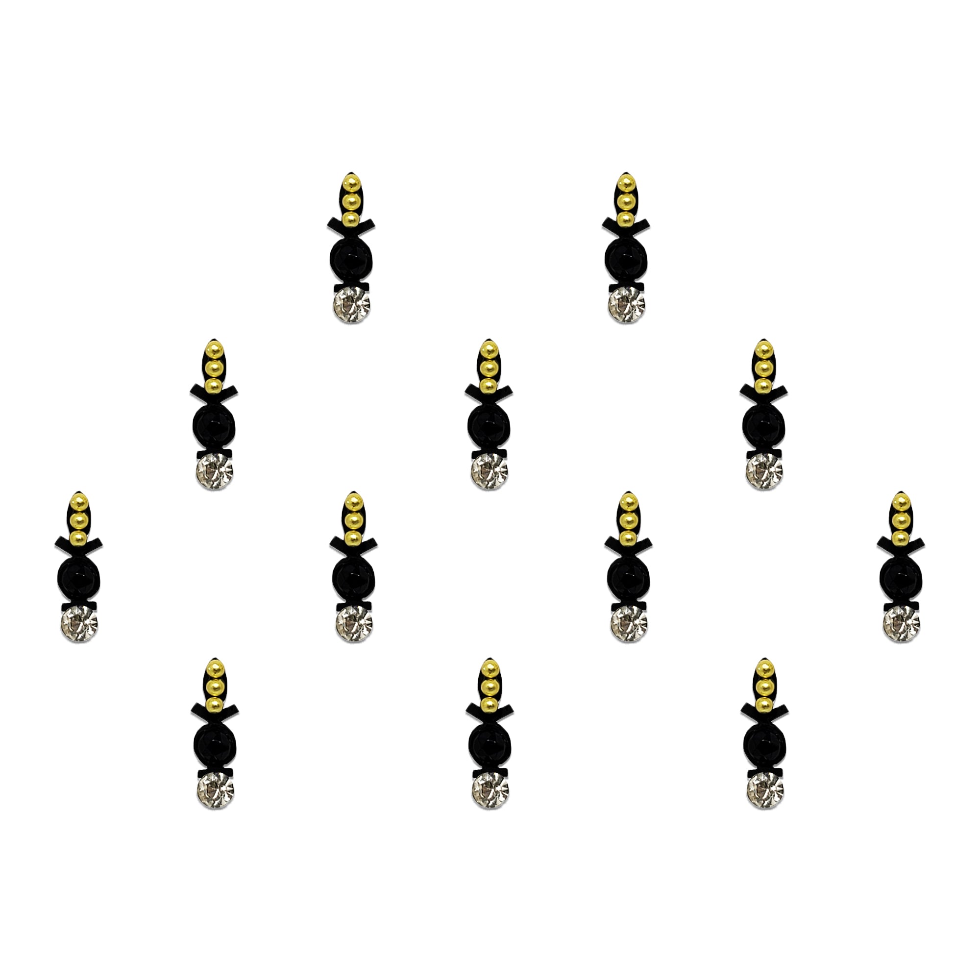 Comet Busters Black designer bindis featuring gold bead accents, a glossy black center stone, and sparkling crystal embellishments for elegant ethnic and festive wear.