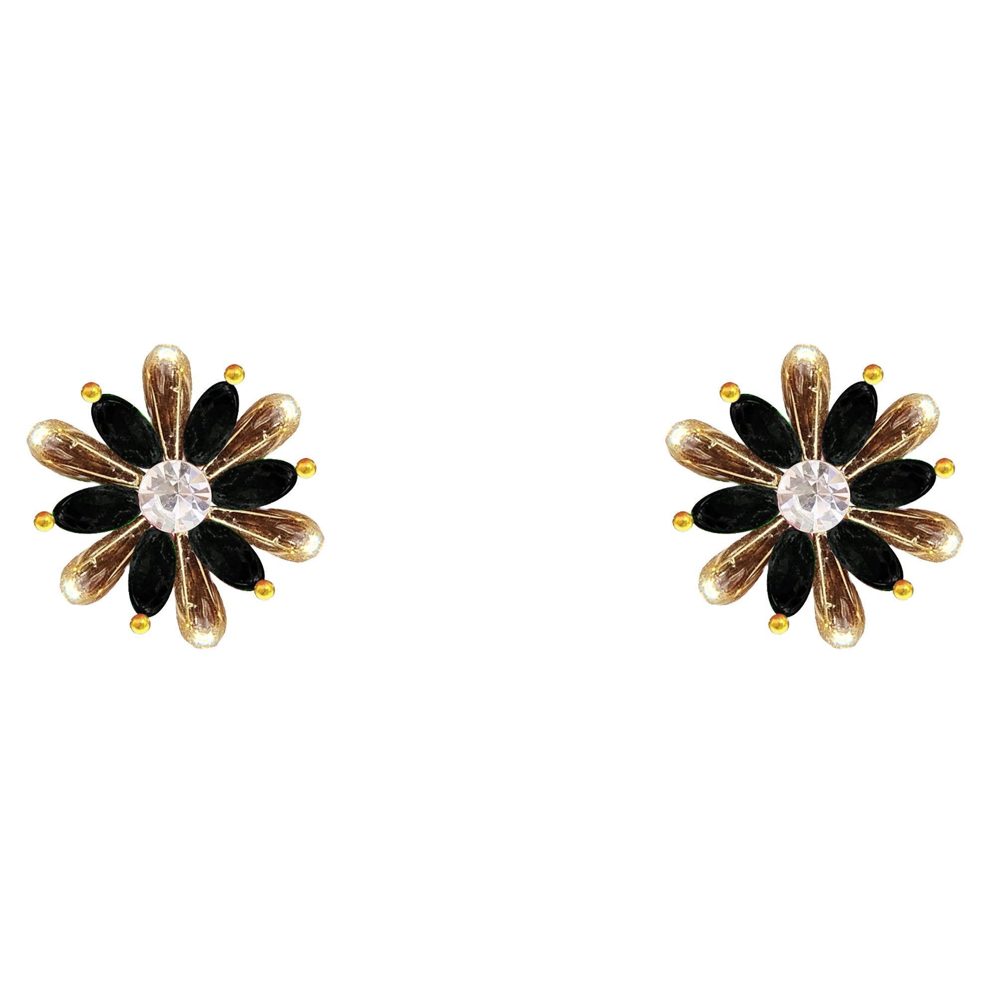 Comet Busters Black and Golden Floral Ear Stud with Crystal Center for Women and Girls