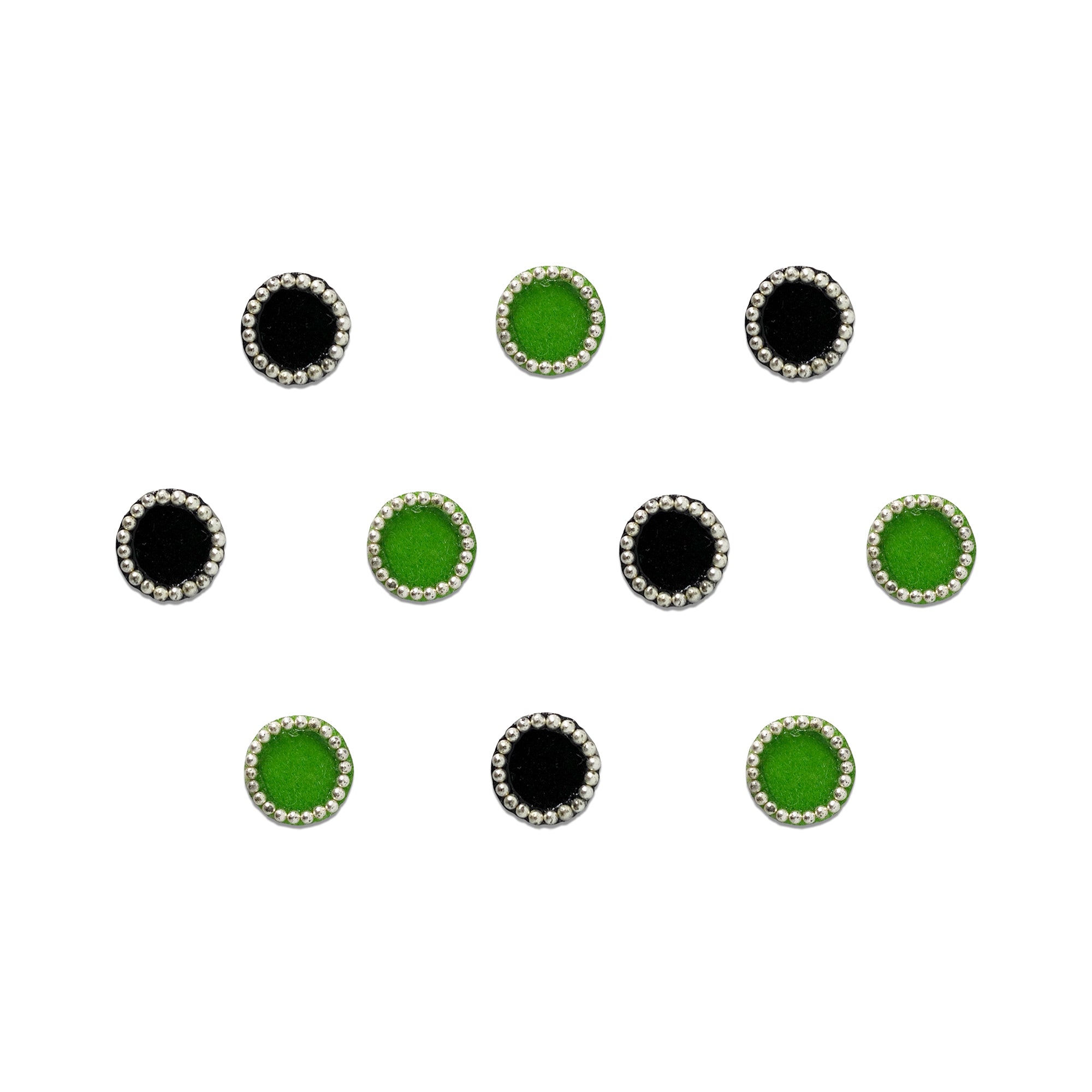 Comet Busters Dual Tone Velvet Round Bindi featuring black and bright green circular bindis with a soft velvet finish and elegant silver bead border. These self-adhesive designer bindis are ideal for women and girls for daily wear, office, festivals, puja, weddings, traditional ceremonies, and ethnic or Indo-western outfits.