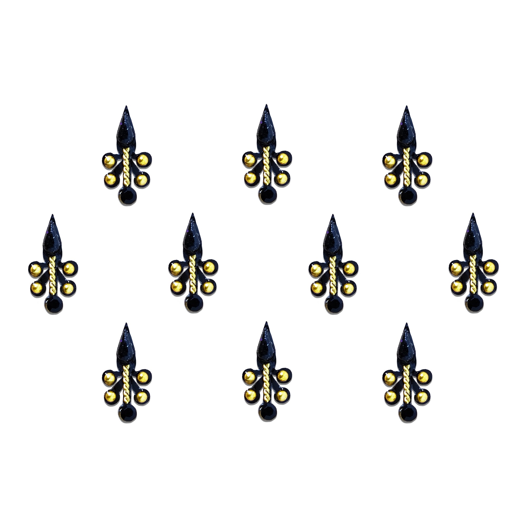 Comet Busters black leaf designer bindi sheet featuring 10 elegant bindis with a glossy black teardrop center, gold bead detailing, and minimalist traditional design, reusable forehead bindis for women and girls, ideal for festive wear, weddings, parties, and ethnic styling.