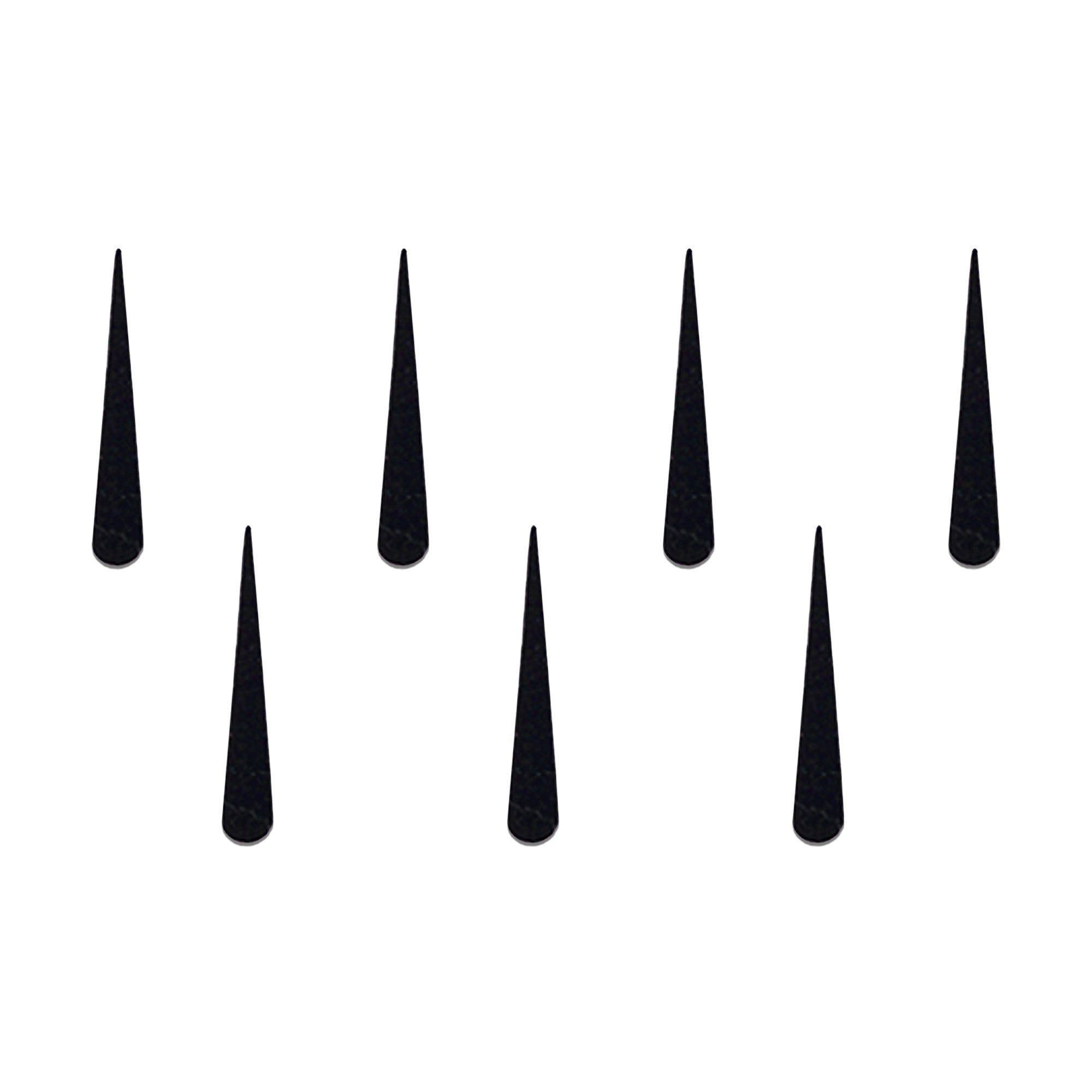 Comet Busters black long drop designer bindi sheet featuring 7 sleek elongated teardrop-shaped bindis in a minimalist style. Reusable self-adhesive designer bindis for women and girls, perfect for ethnic wear, festive occasions, weddings, parties, dance performances, and everyday traditional styling.