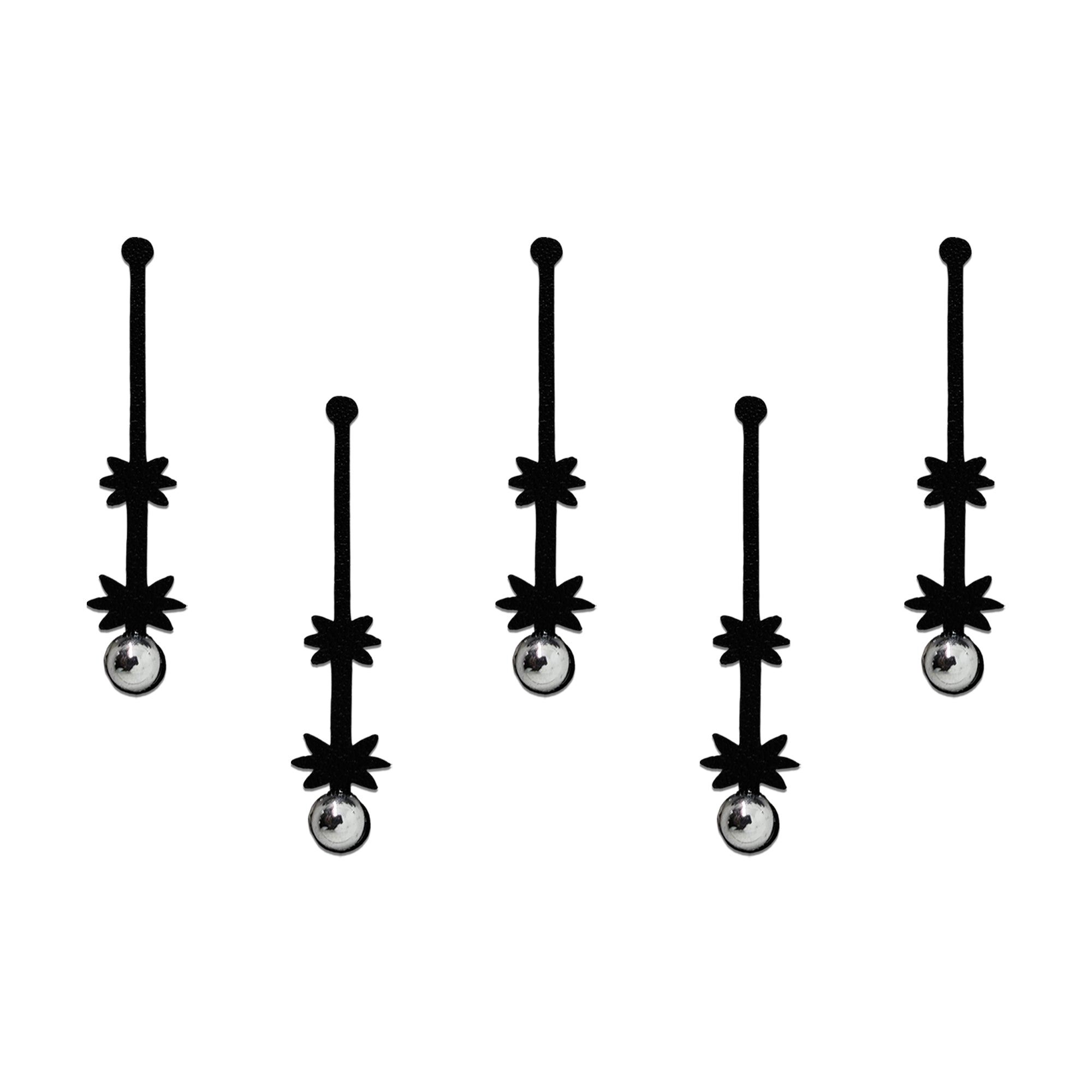 Comet Busters black long floral designer bindi sheet featuring 5 elegant elongated bindis with floral accents and silver pearl detailing, reusable forehead bindis for women and girls, perfect for traditional wear, festive occasions, weddings, and ethnic styling.