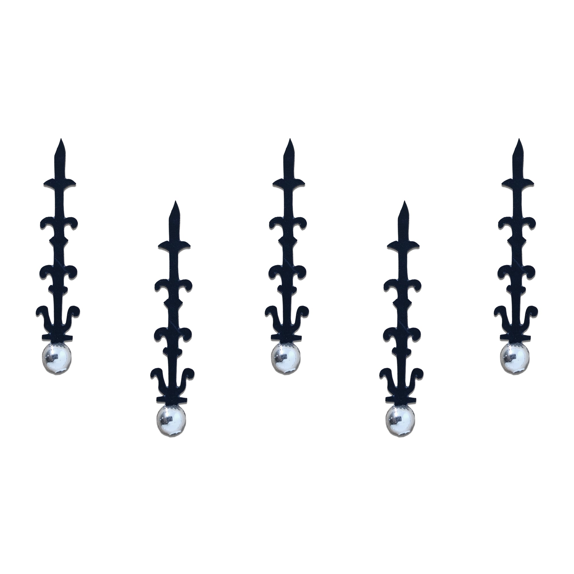 Comet Busters black long designer bindi sheet featuring 5 elegant elongated bindis with pearl accents, reusable traditional forehead bindis for women and girls, ideal for ethnic wear, festive occasions, weddings, and cultural celebrations.