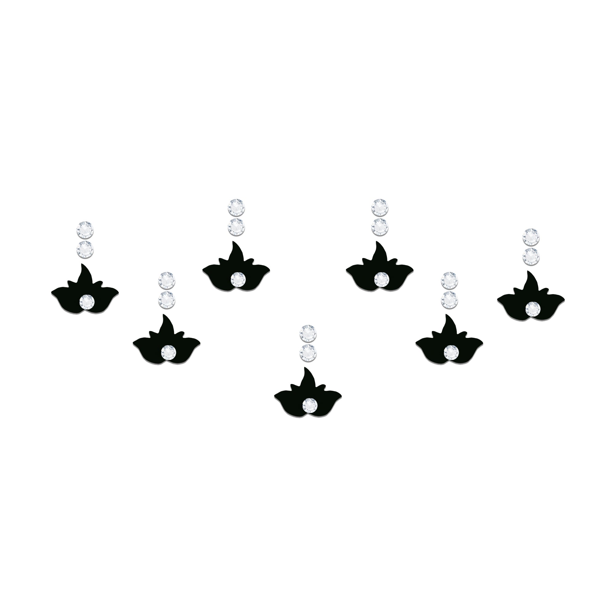 Comet Busters black lotus designer bindis with sparkling white stone accents and elegant dual-stone detailing for ethnic wear, festive styling, traditional occasions, and fusion fashion looks. Premium peel-and-stick floral bindis with a classy minimalist design.