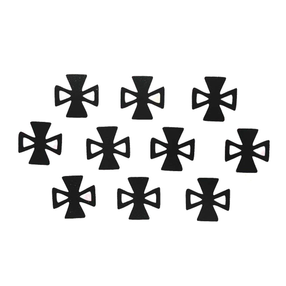 Comet Busters black Maltese cross designer bindi sheet featuring 10 bold cross-shaped bindis with geometric cutout detailing, ideal for contemporary ethnic fashion, festive occasions, cultural events, dance performances, and everyday traditional wear.