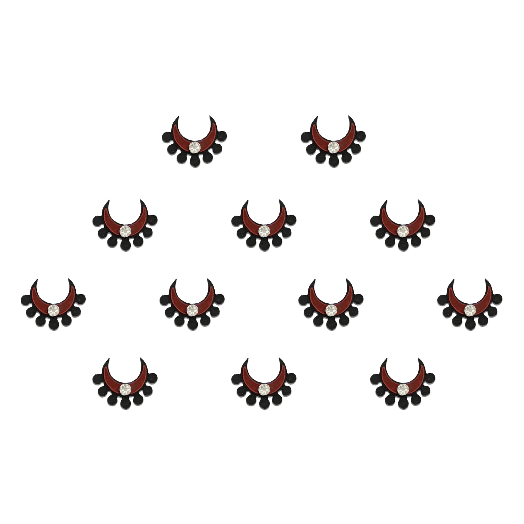 Comet Busters premium black & maroon crescent designer bindis with crystal stone detailing, elegant peel and stick fancy bindis for saree, lehenga, bridal, festive and traditional ethnic fashion looks.