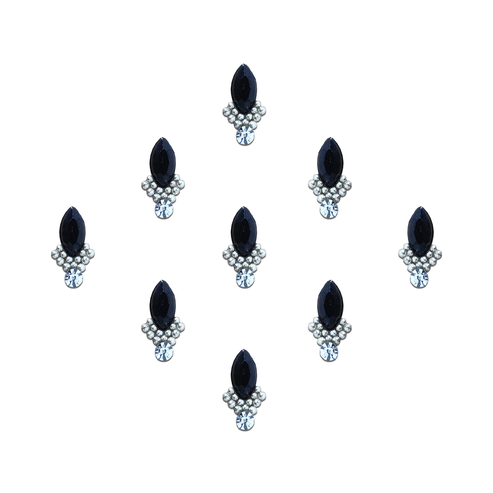 Comet Busters black marquise crystal designer bindi featuring a pearl cluster base with a sparkling rhinestone drop. Elegant self-adhesive bindi set for women and girls, ideal for weddings, festivals, parties, and traditional ethnic wear.