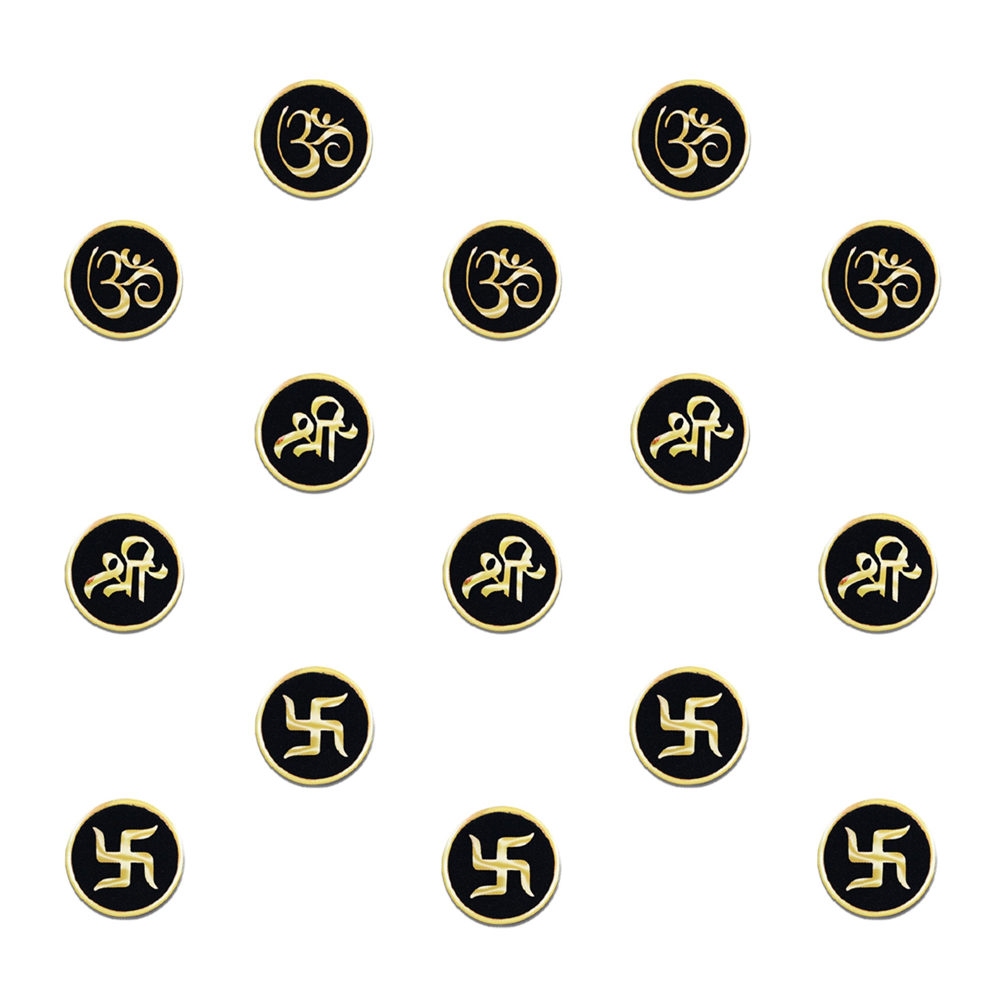 Indira by Comet Busters® premium black velvet designer bindi featuring gold Om, Shree, and Swastik symbols in a handcrafted round design for women and girls.