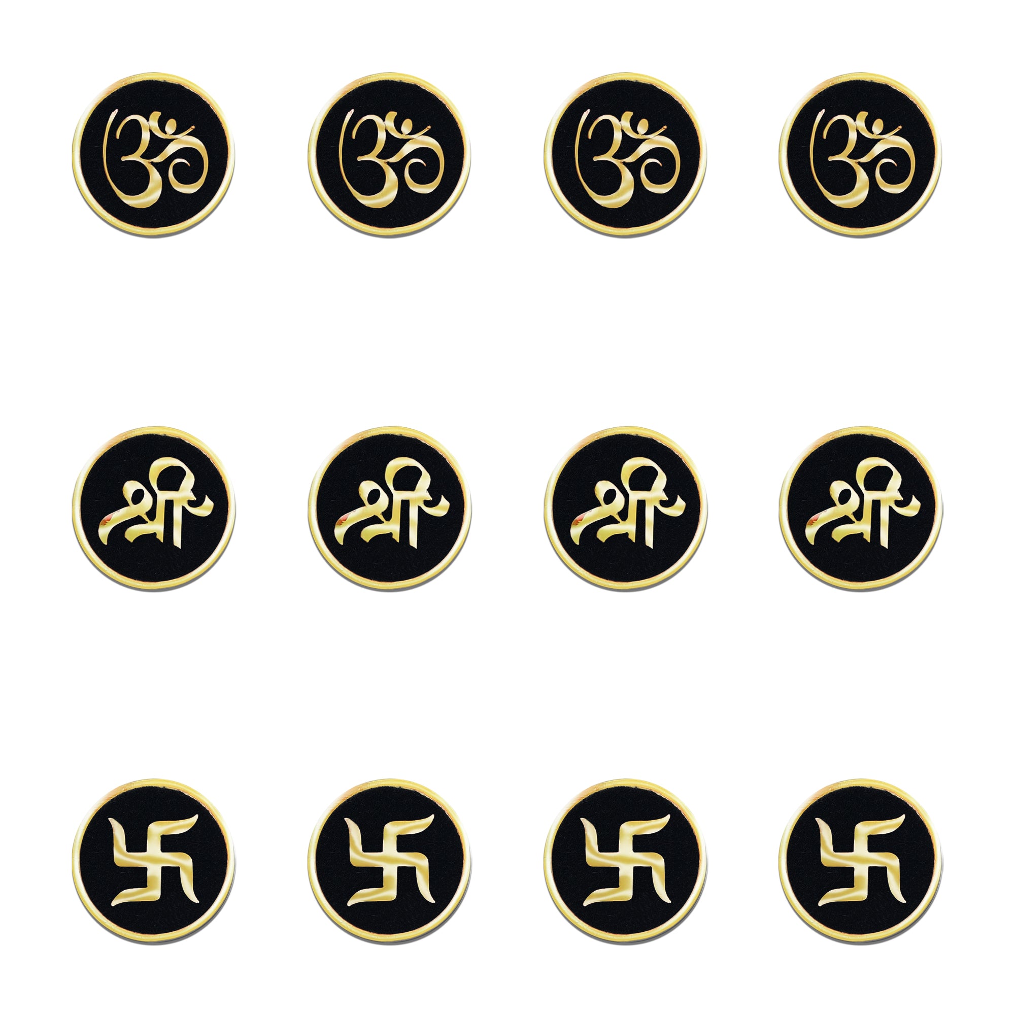 Indira by Comet Busters® devotional designer bindis showcasing gold Om, Shri, and Swastik emblems on premium black velvet, ideal for sarees, lehengas, salwar suits, and Indo-western outfits.