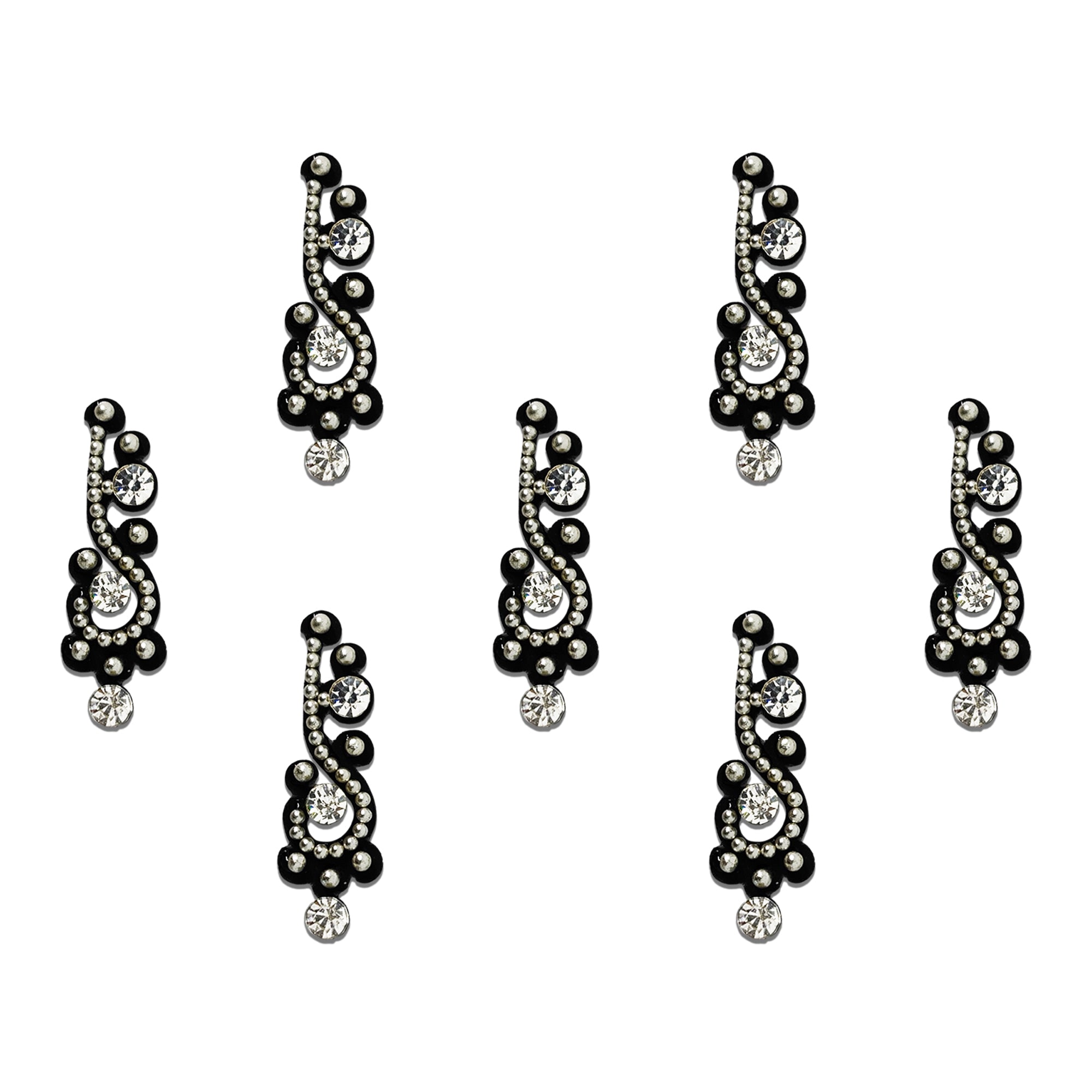 Comet Busters black paisley designer bindi featuring sparkling white crystals, dotted detailing, and an elegant elongated swirl design. Reusable self-adhesive bindi for women and girls, ideal for weddings, festivals, parties, traditional wear, ethnic outfits, sarees, lehengas, kurtis, and special occasions.