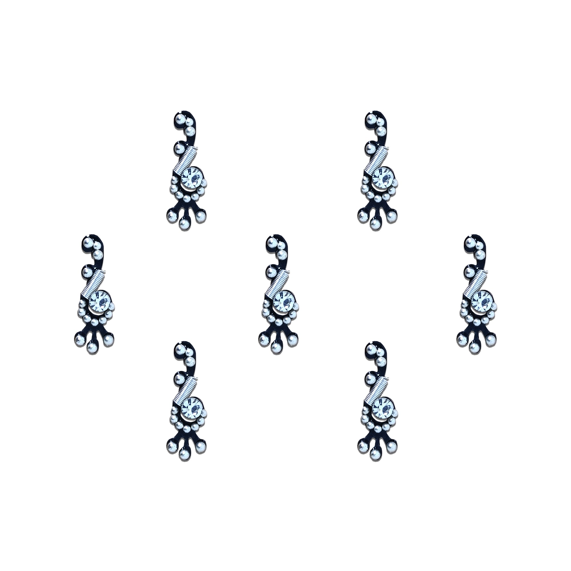 Comet Busters black paisley designer bindi featuring a sparkling crystal center, silver coil detailing, and pearl-inspired drop accents. Premium self-adhesive bindi set for women and girls, perfect for weddings, festivals, parties, ethnic wear, and everyday traditional styling.