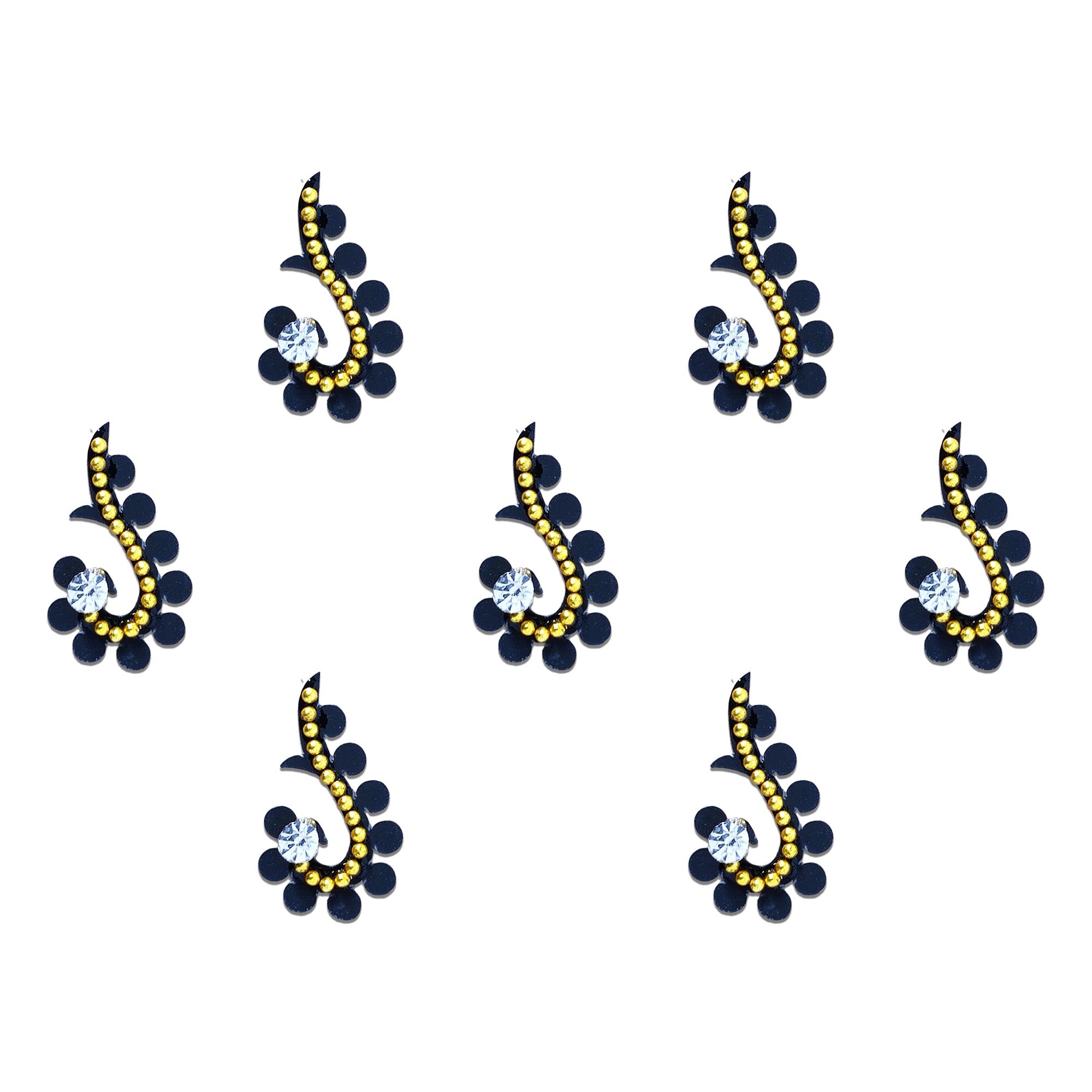 Comet Busters black paisley designer bindi sheet featuring 6 elegant paisley-shaped bindis with sparkling white crystal stones, gold bead detailing, and floral accents, reusable forehead bindis for women and girls, perfect for weddings, festivals, parties, and traditional ethnic wear.