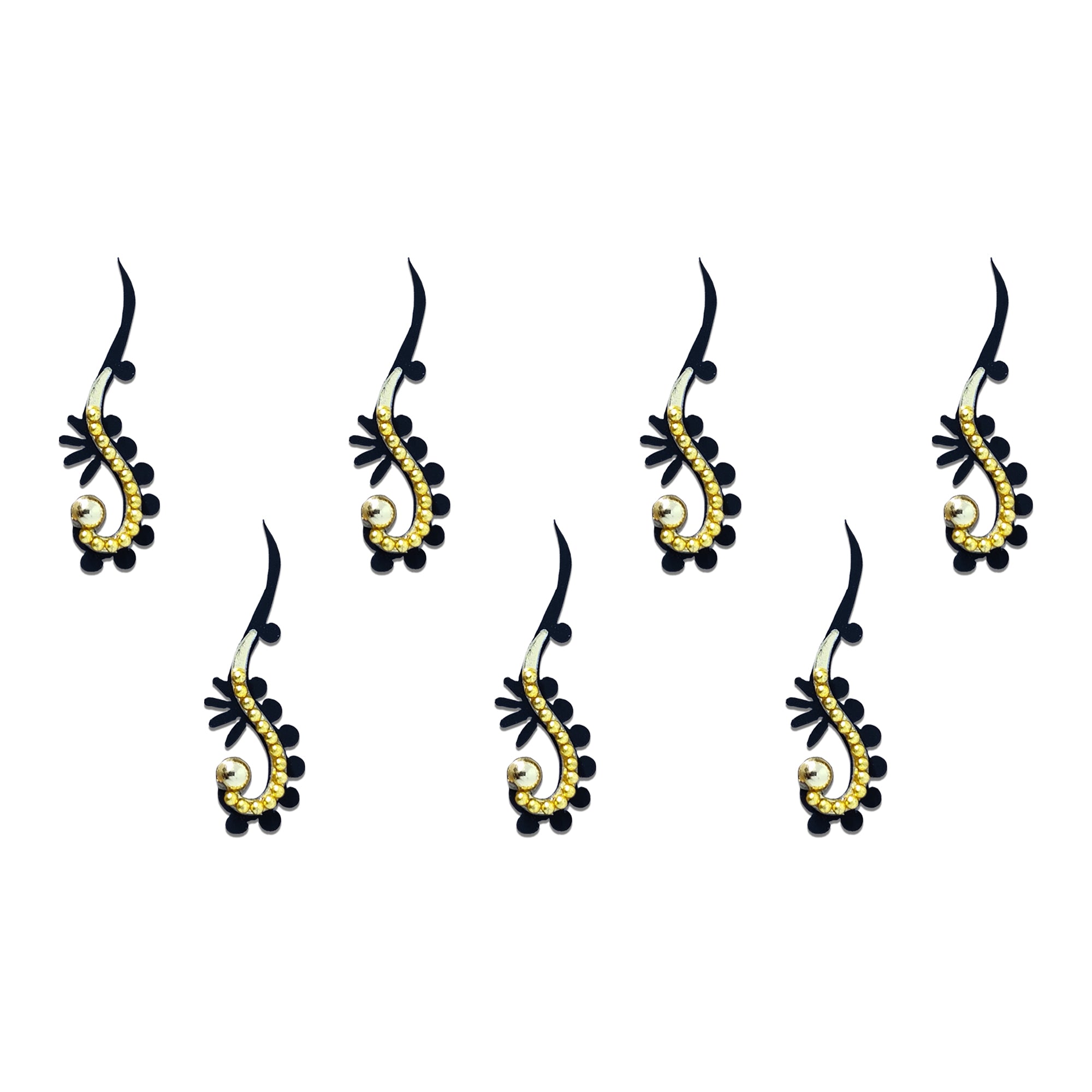 Comet Busters black paisley designer bindi sheet featuring elegant paisley-shaped bindis with gold bead detailing, pearl accents, and a graceful curved design, reusable forehead bindis for women and girls, perfect for weddings, festivals, parties, and traditional ethnic wear.
