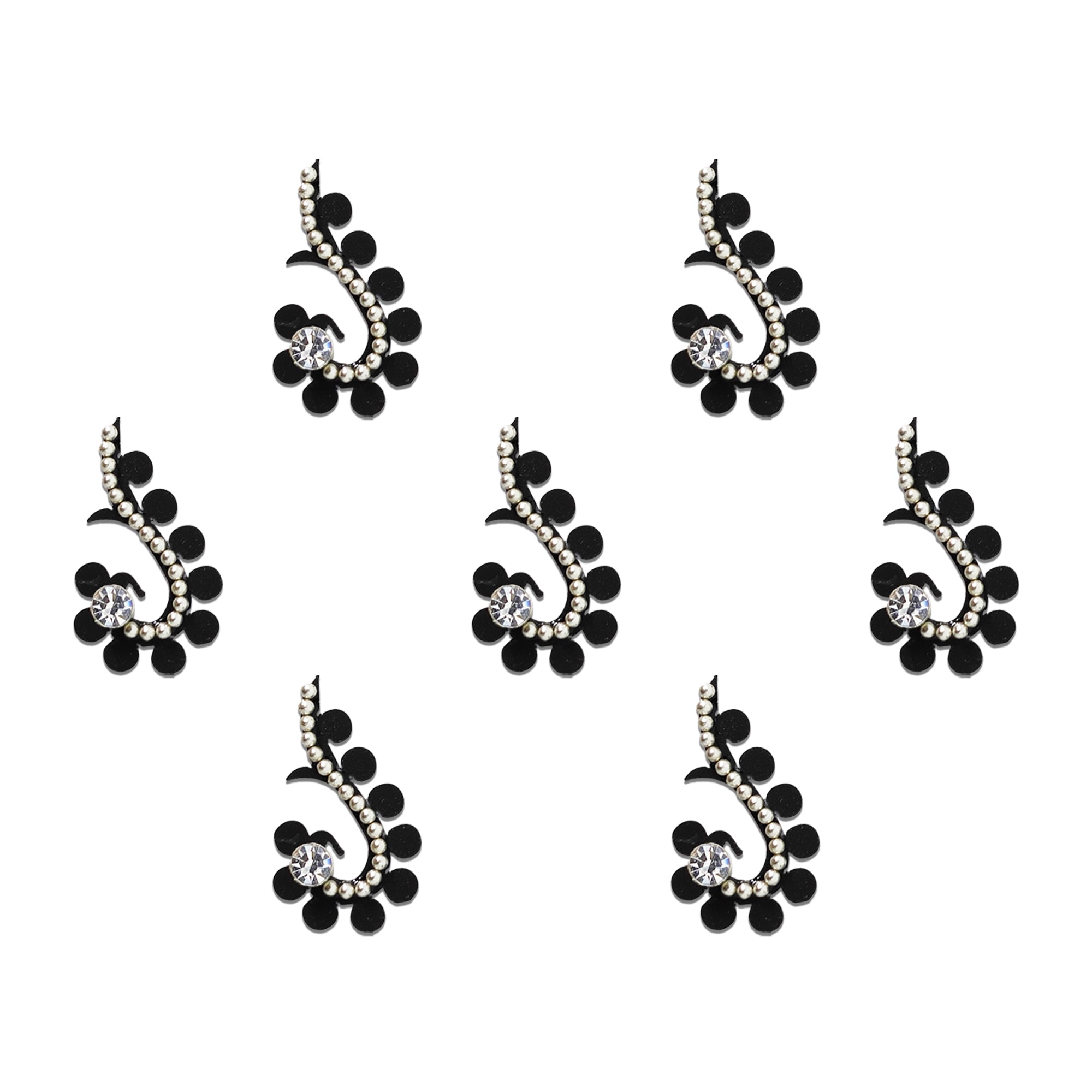 Comet Busters black paisley designer bindi sheet featuring 7 elegant bindis with a sparkling white stone center, silver bead border, and floral-inspired accents. Reusable self-adhesive designer bindis for women and girls, perfect for festive wear, ethnic outfits, weddings, parties, cultural events, and everyday traditional styling.