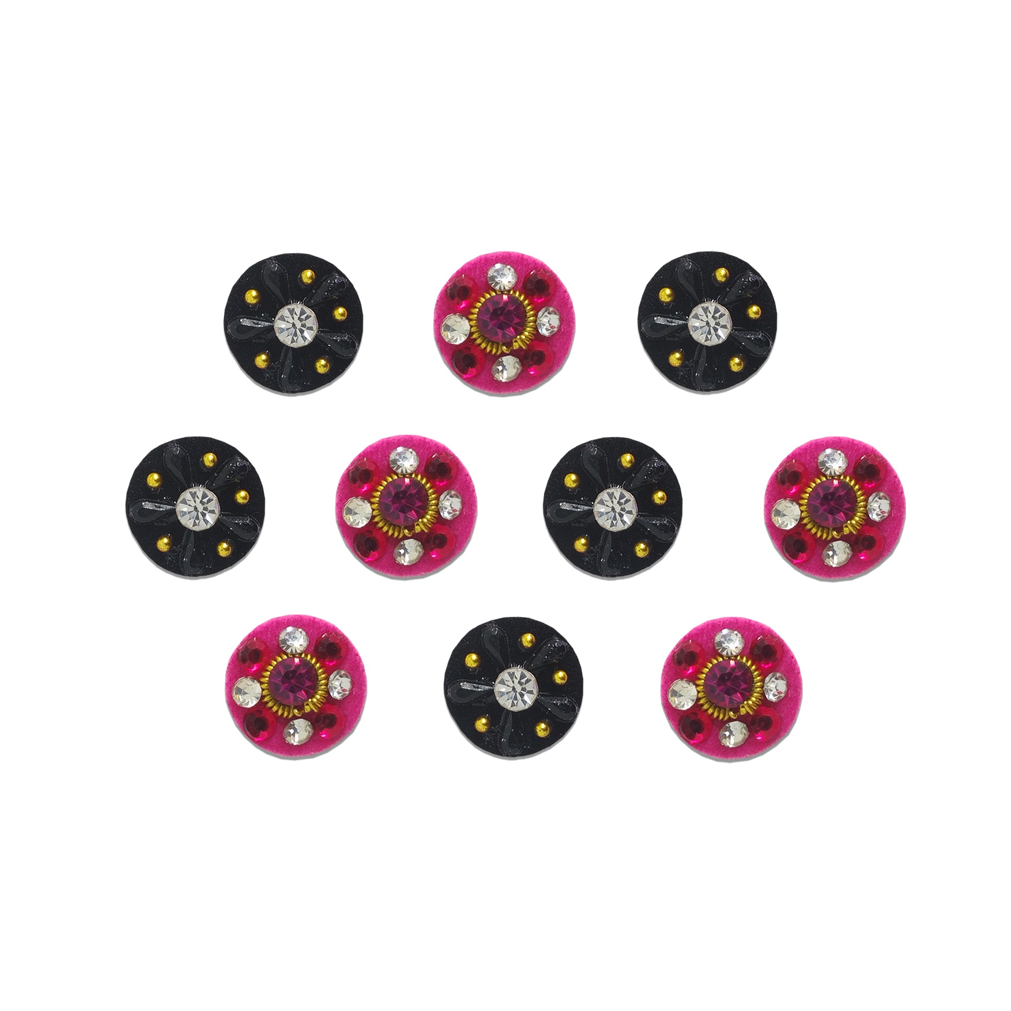 Comet Busters Dual Design Floral Stone Round Bindi featuring alternating black and bright pink round velvet bindis. The black bindis showcase a clear center crystal with glossy black petal accents and gold bead detailing, while the pink bindis feature a magenta center stone surrounded by sparkling white and red crystals with gold detailing. These self-adhesive designer bindis are perfect for women and girls for weddings, festivals, Navratri, Diwali, parties, cultural events, and traditional or Indo-western 