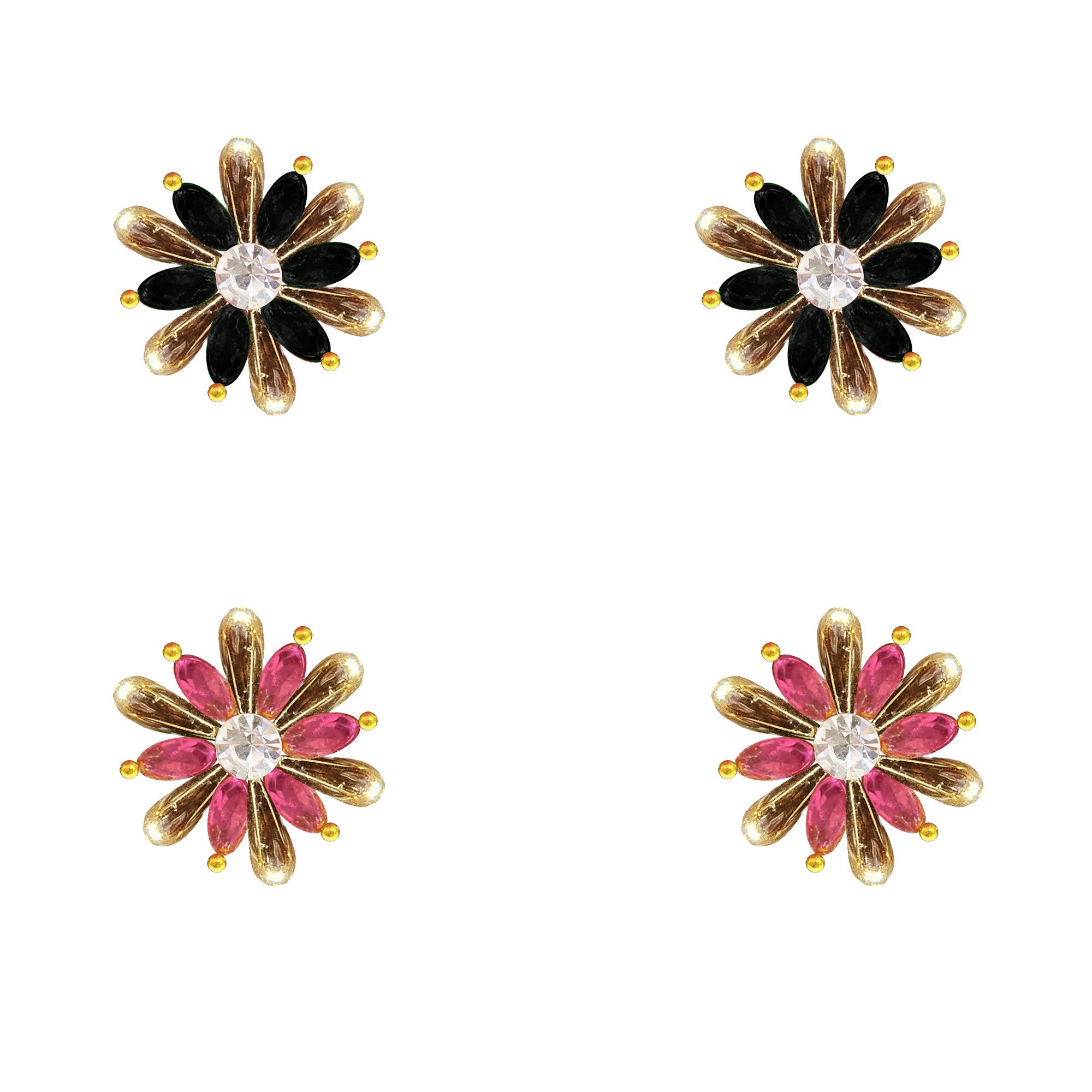 Comet Busters Black and Pink Floral Ear Stud Set with Gold Petal Detailing and Crystal Center for Women and Girls