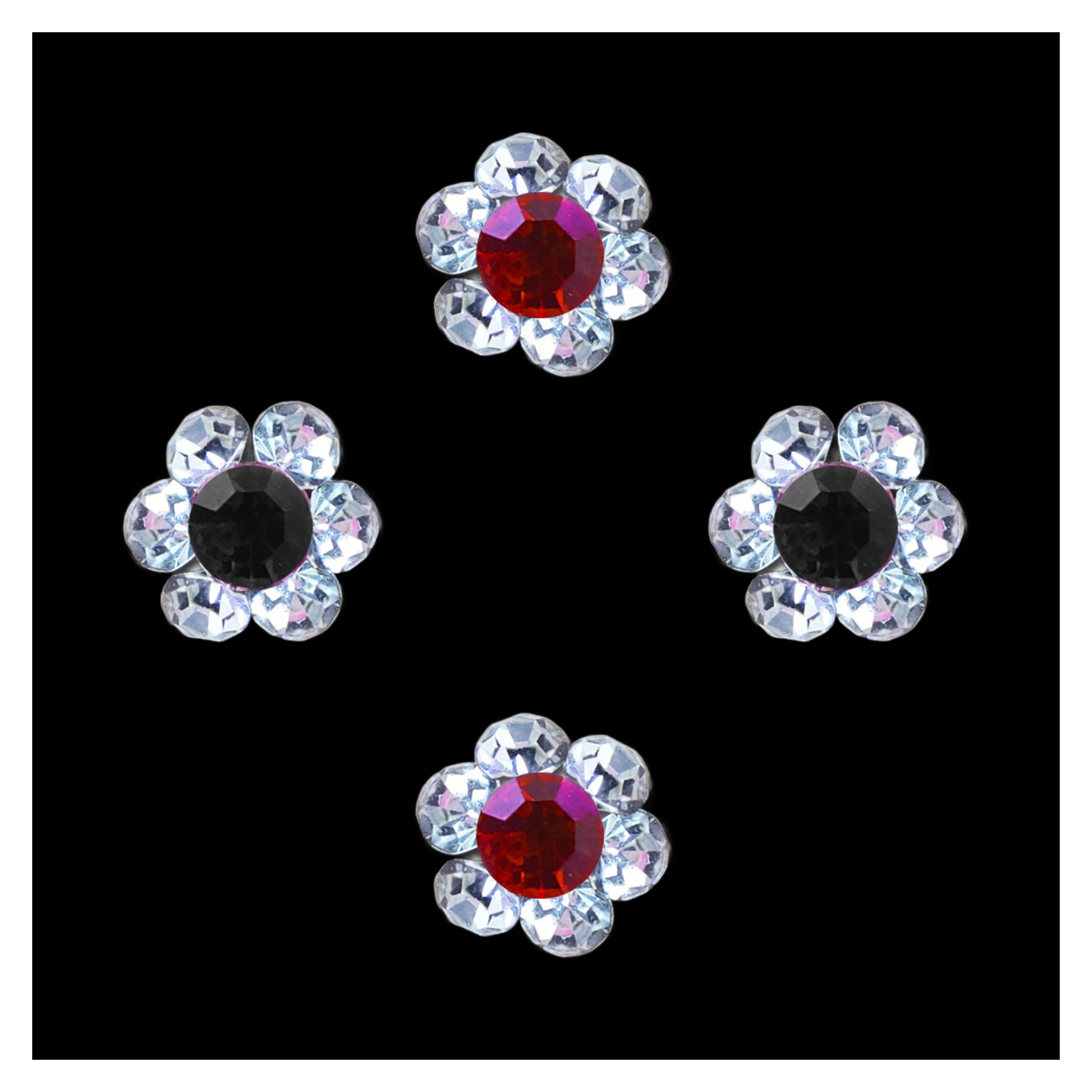 Comet Busters Black & Pink flower-shaped nose stud with a faceted purple center stone surrounded by sparkling clear crystal petals for women and girls