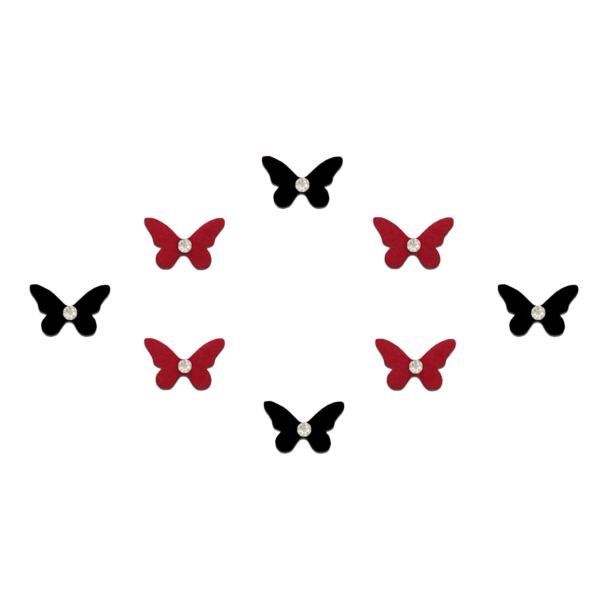 Comet Busters multicolor butterfly-shaped velvet bindis featuring crystal stone centers in vibrant green, yellow, orange, and navy blue shades for trendy, festive, and ethnic fashion looks for women and girls.