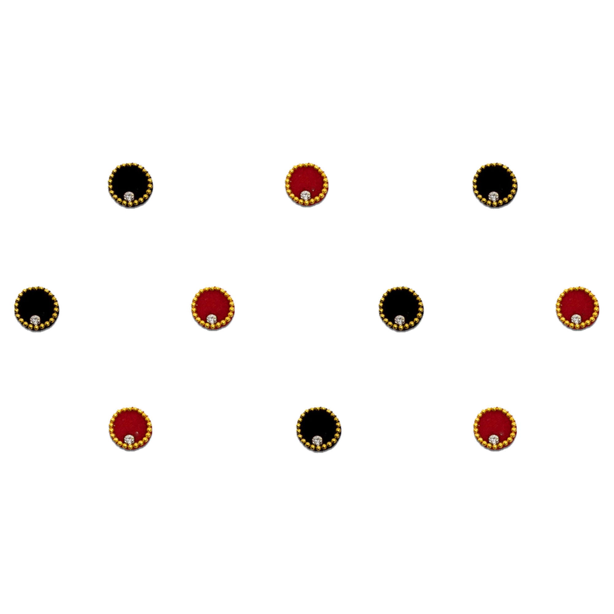Comet Busters a beautiful combination of red and black velvet bindis designed with elegant gold bead borders and shimmering crystal accents. This versatile bindi set complements both traditional and contemporary ethnic outfits, making it perfect for festive celebrations, weddings, and cultural events.