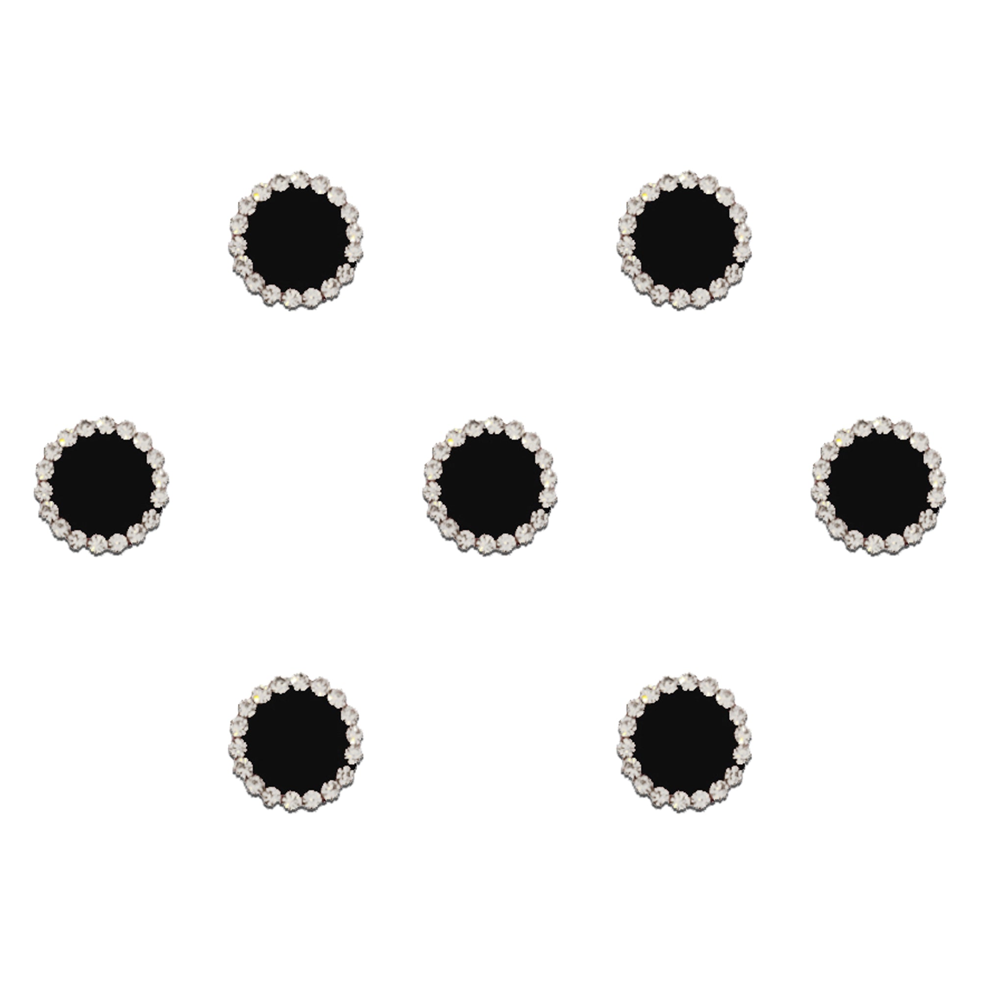 Comet Busters Black round bindis with elegant gold decorative borders in a classic traditional designer style for festive and ethnic wear.