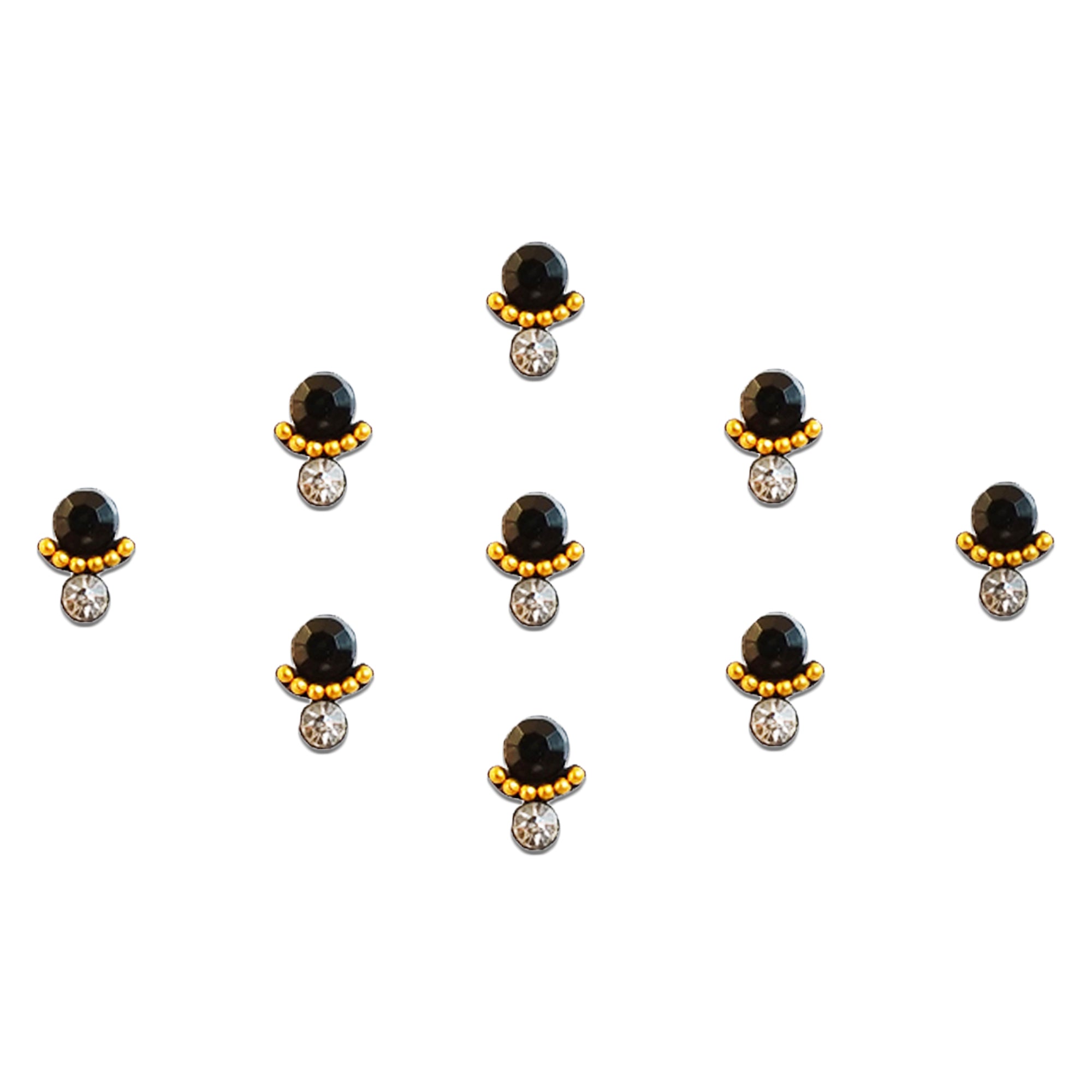 Comet Busters black round crystal designer bindi featuring a gold bead crescent accent and a sparkling clear rhinestone drop. Premium self-adhesive bindi set for women and girls, perfect for weddings, festivals, parties, ethnic wear, and everyday traditional styling.