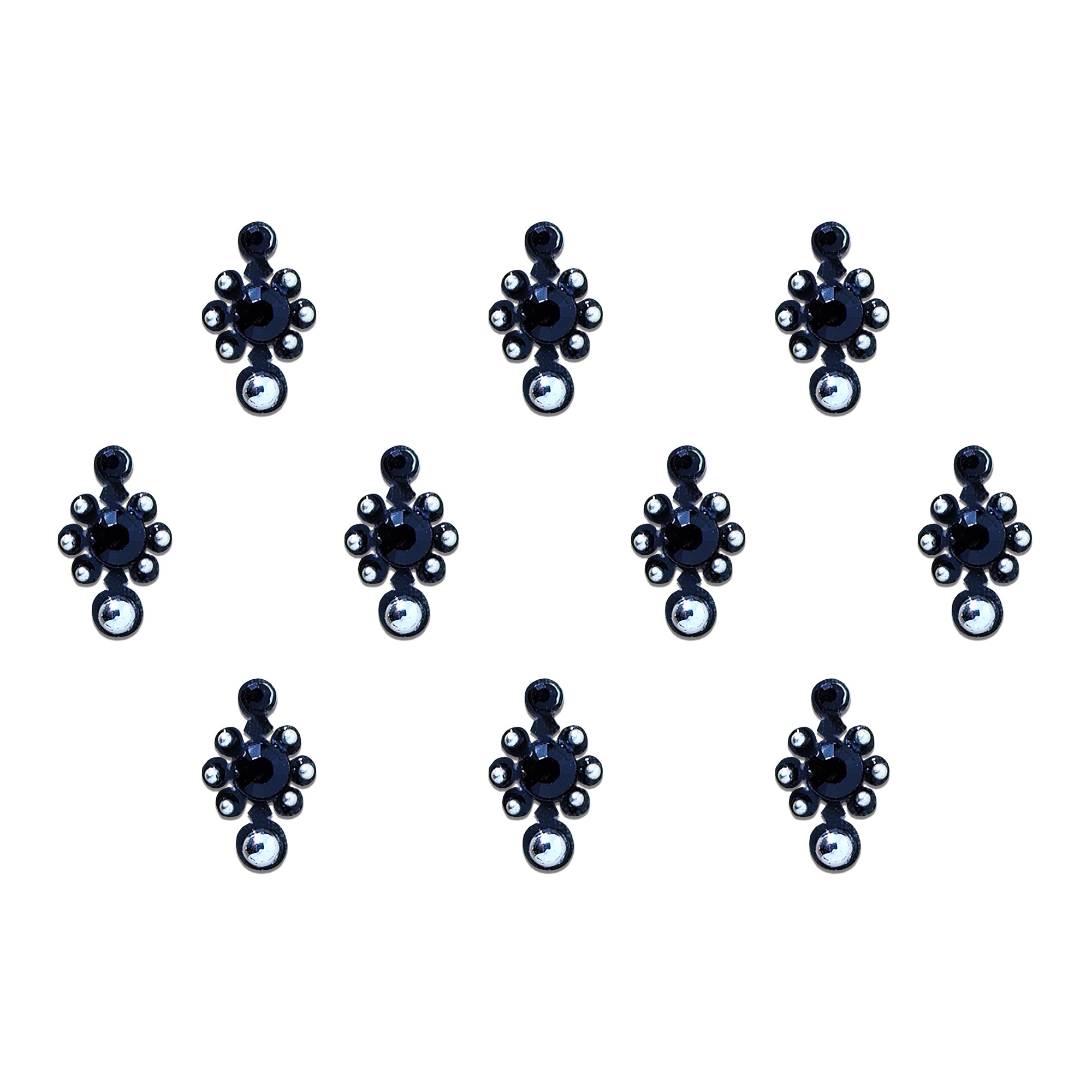 Comet Busters black round designer bindi sheet featuring 10 elegant bindis with black crystal center stones, gold bead accents, and pearl detailing, reusable forehead bindis for women and girls, ideal for ethnic wear, festive occasions, weddings, and parties.
