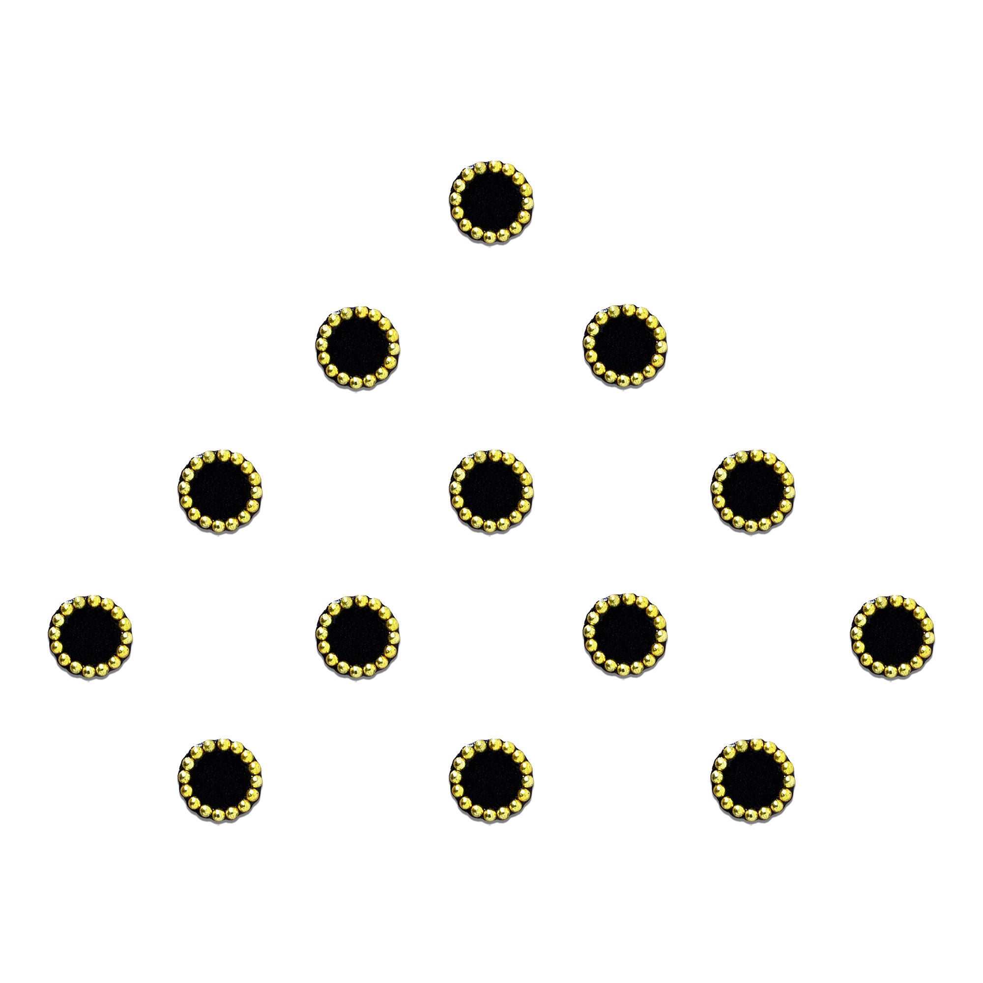 Comet Busters black round designer bindi sheet featuring elegant velvet round bindis with a gold beaded border, reusable forehead bindis for women and girls, perfect for daily wear, festive occasions, traditional outfits, and ethnic styling.