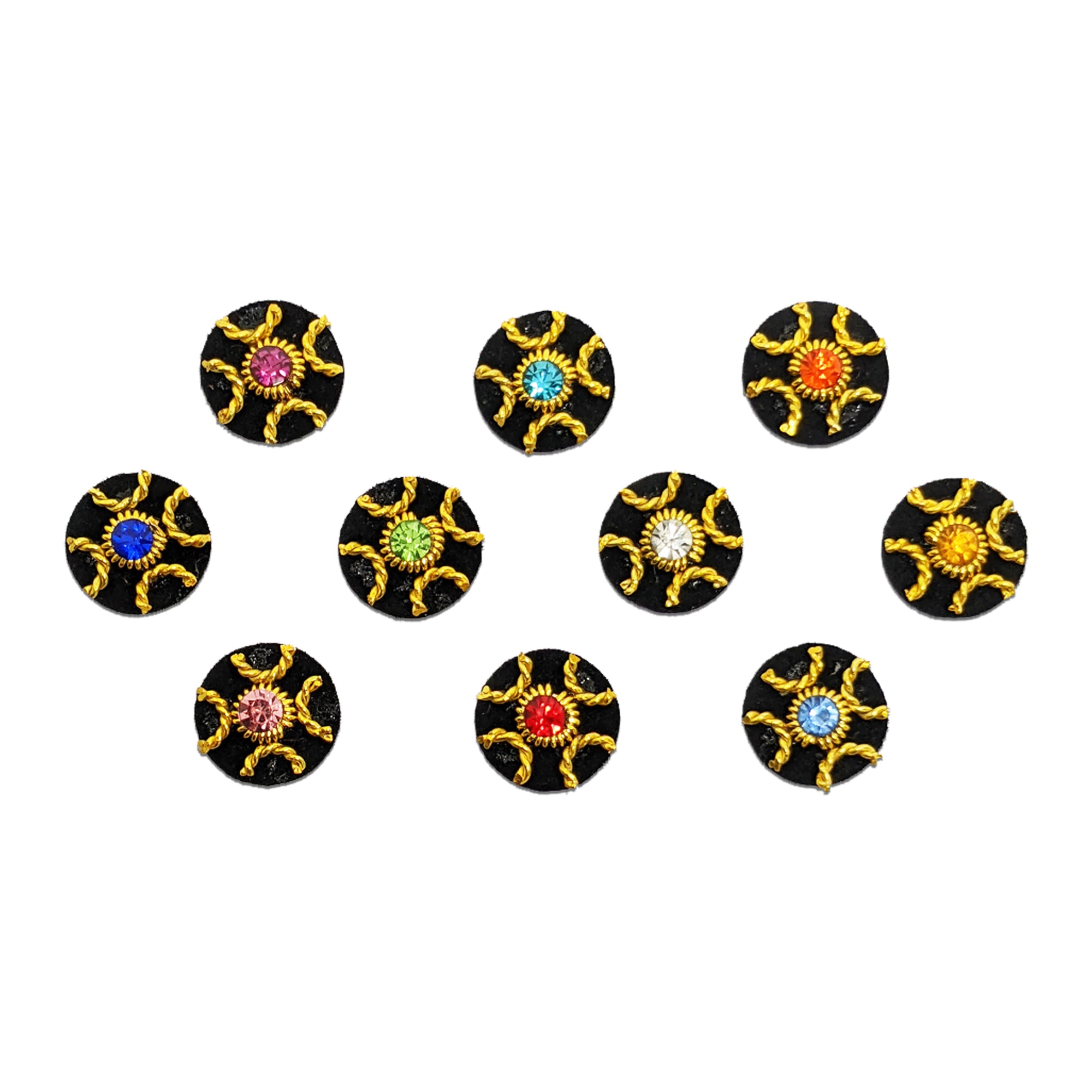 Comet Busters multicolor stone bindis featuring black velvet round bindis with golden spiral designer patterns and colorful crystal stones in blue, pink, green, red, orange, yellow, and white shades for festive and traditional wear.