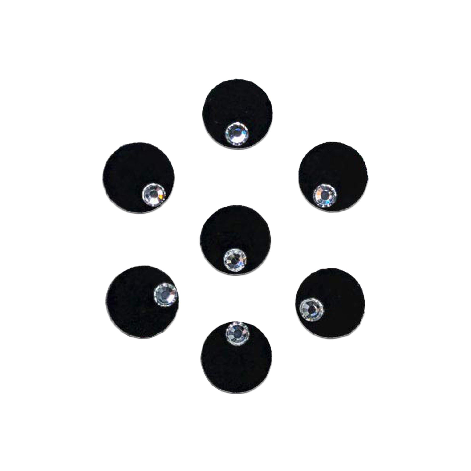Comet Busters black round velvet bindi sheet featuring elegant circular bindis with sparkling crystal stone accents. Soft velvet self-adhesive bindis for women and girls, perfect for festive occasions, weddings, parties, traditional wear, office wear, and everyday ethnic styling.