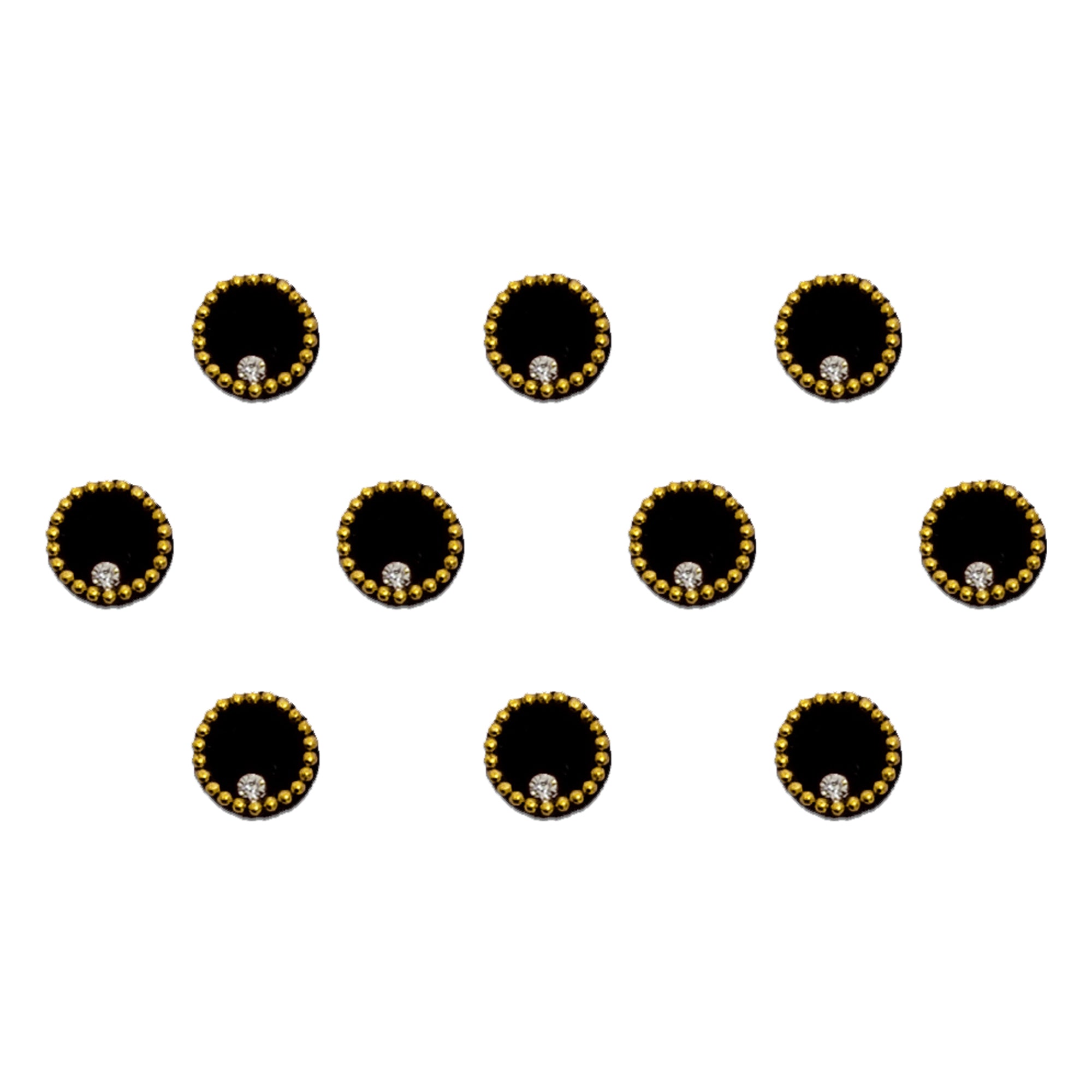 Round black velvet bindi featuring a decorative golden bead border and a sparkling clear crystal accent at the base. This elegant traditional bindi combines classic black color with ornate detailing, making it ideal for festivals, weddings, cultural celebrations, religious occasions, and ethnic wear.