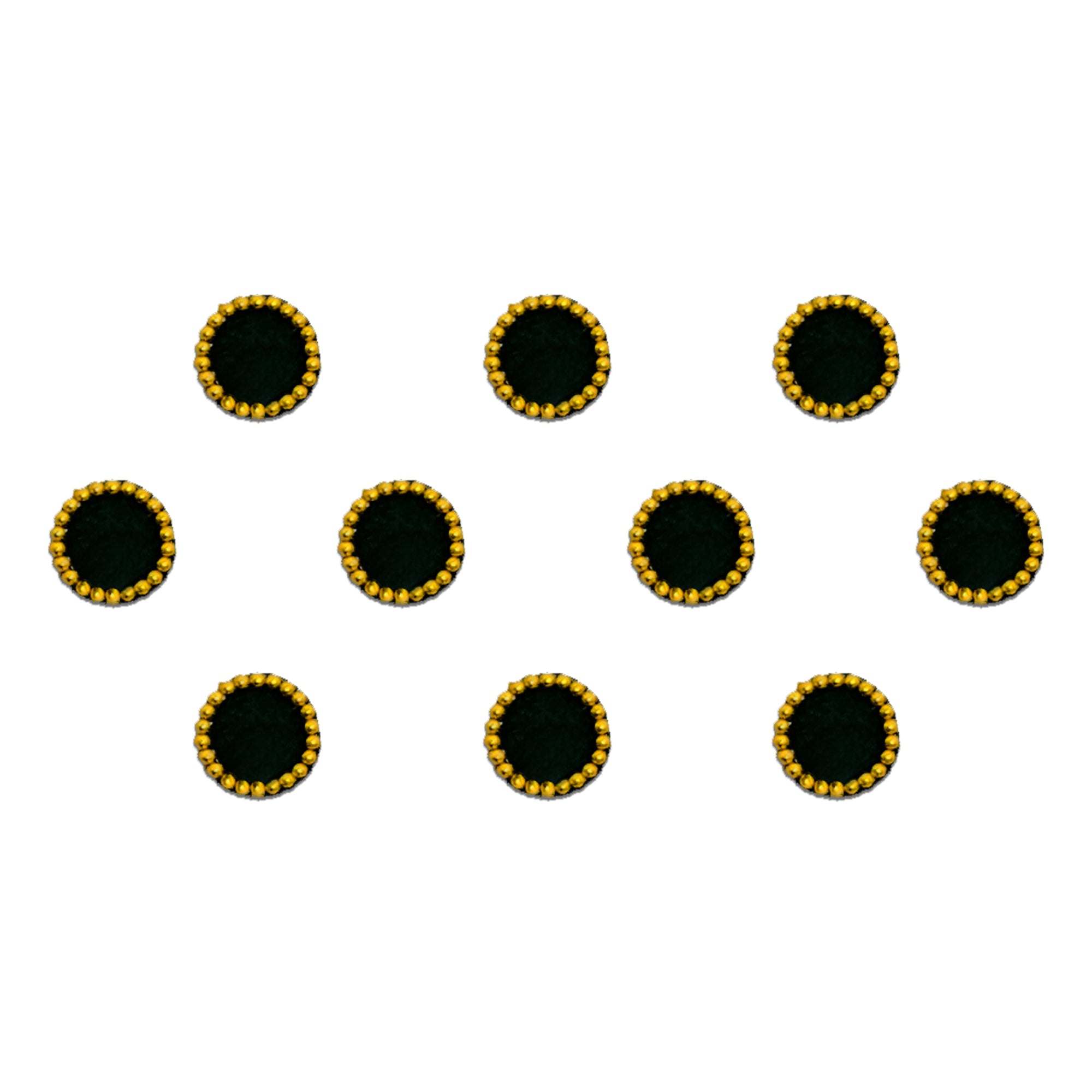 Comet Busters Round black velvet bindi featuring a decorative golden bead border and a sparkling clear crystal accent at the base. This elegant traditional bindi combines classic black color with ornate detailing, making it ideal for festivals, weddings, cultural celebrations, religious occasions, and ethnic wear.
