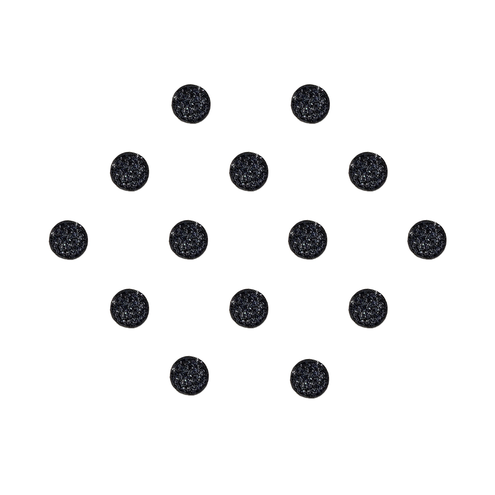 Black glitter round bindi with shimmering textured finish, elegant stick-on forehead accessory for festive, casual, and ethnic wear.