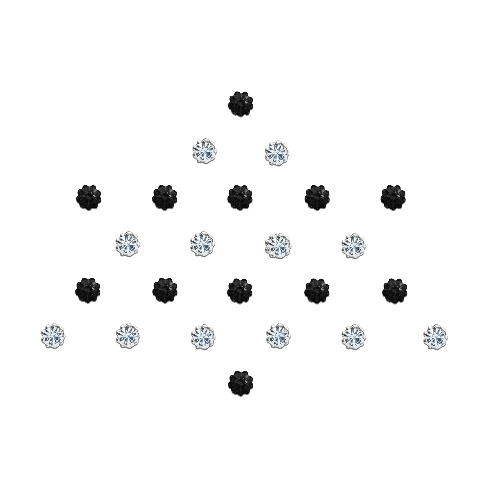 Comet Busters Black & Silver Crystal Floral Bindi Set featuring reusable black crystal and champagne crystal flower-shaped bindis with elegant gold beaded rims. Premium self-adhesive forehead stickers for women and girls, ideal for weddings, festivals, parties, office wear, traditional outfits, and contemporary ethnic styling.