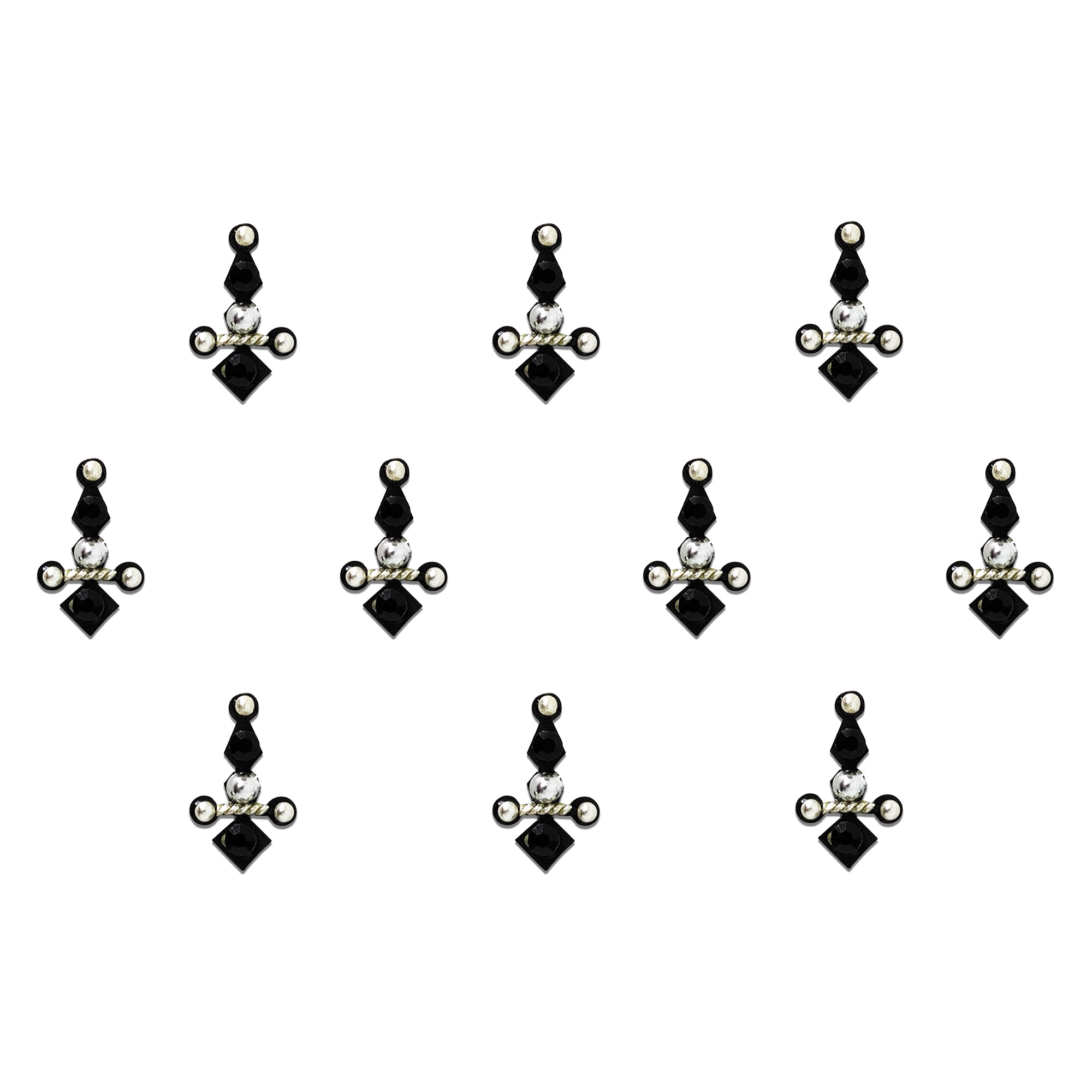 Comet Busters black and silver geometric designer bindi sheet featuring reusable self-adhesive bindis with black crystal accents, silver bead detailing, and a modern symmetrical design. Elegant ethnic bindis for women and girls, ideal for festivals, weddings, parties, traditional wear, and contemporary outfits.